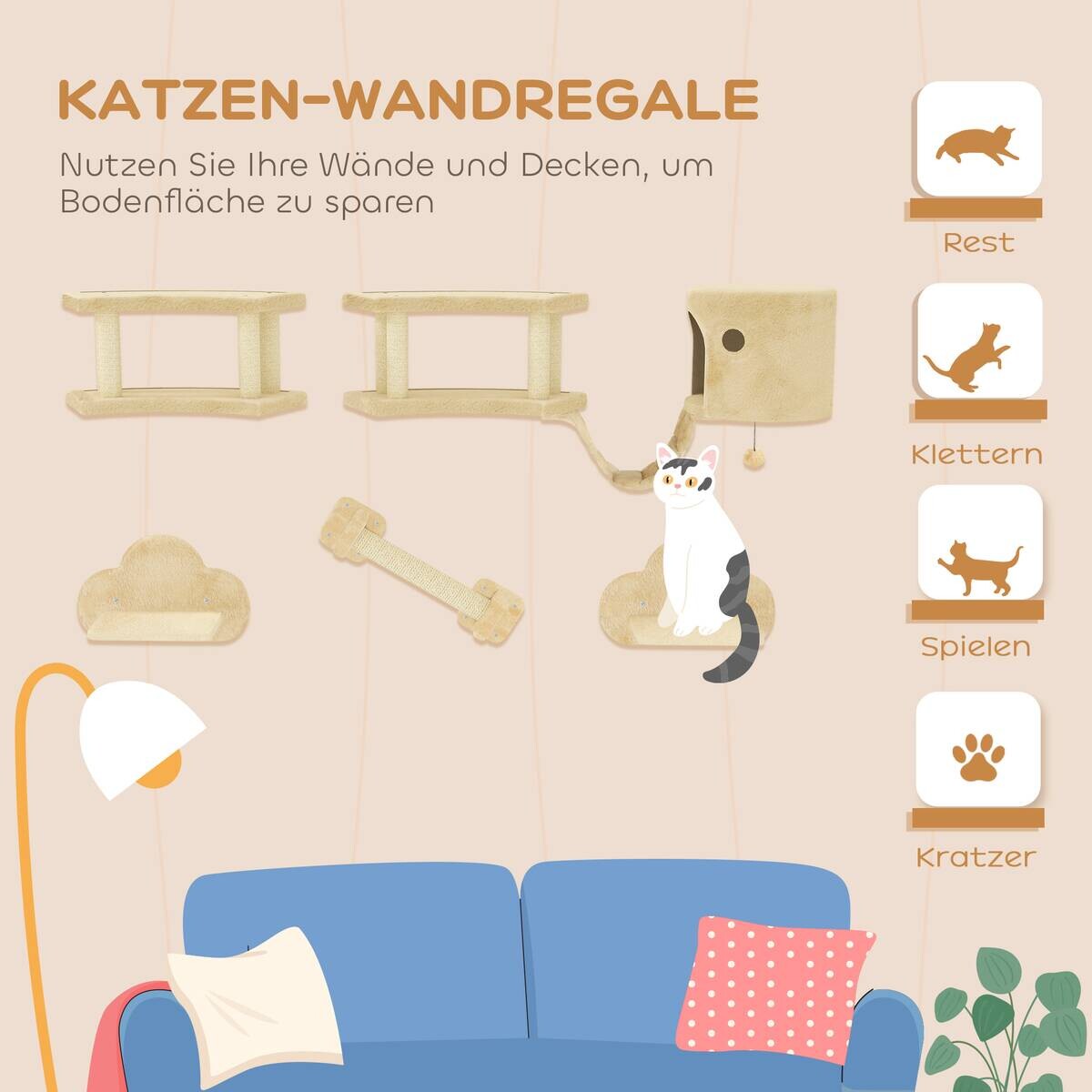 PawHut Katzen Kletterwand Set beige Spanplatte B/H/L: ca. 34x28x133 cm