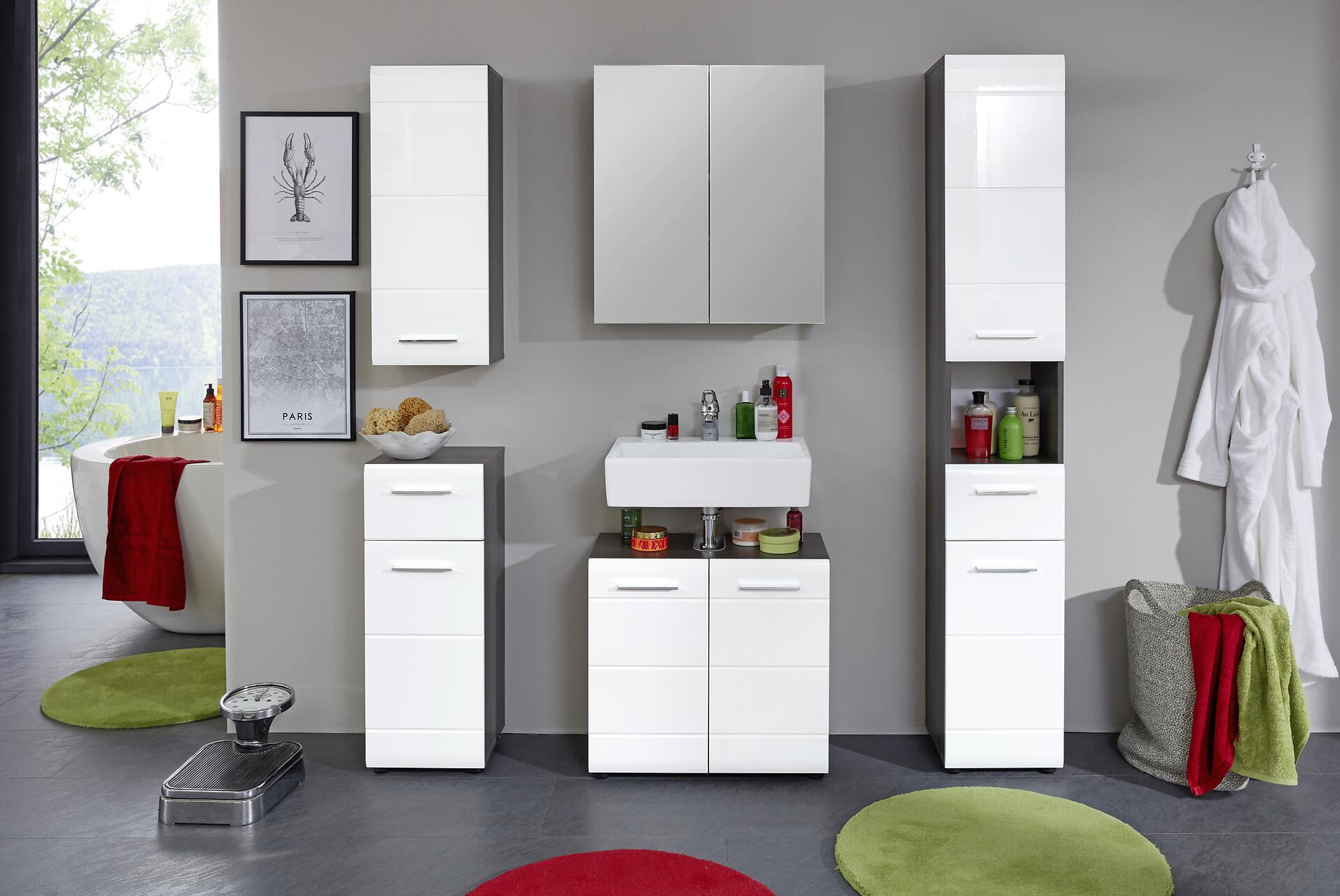 Badkommode Line Rauchsilber Nachbildung weiß Hochglanz B/H/T: ca. 30x79x31 cm