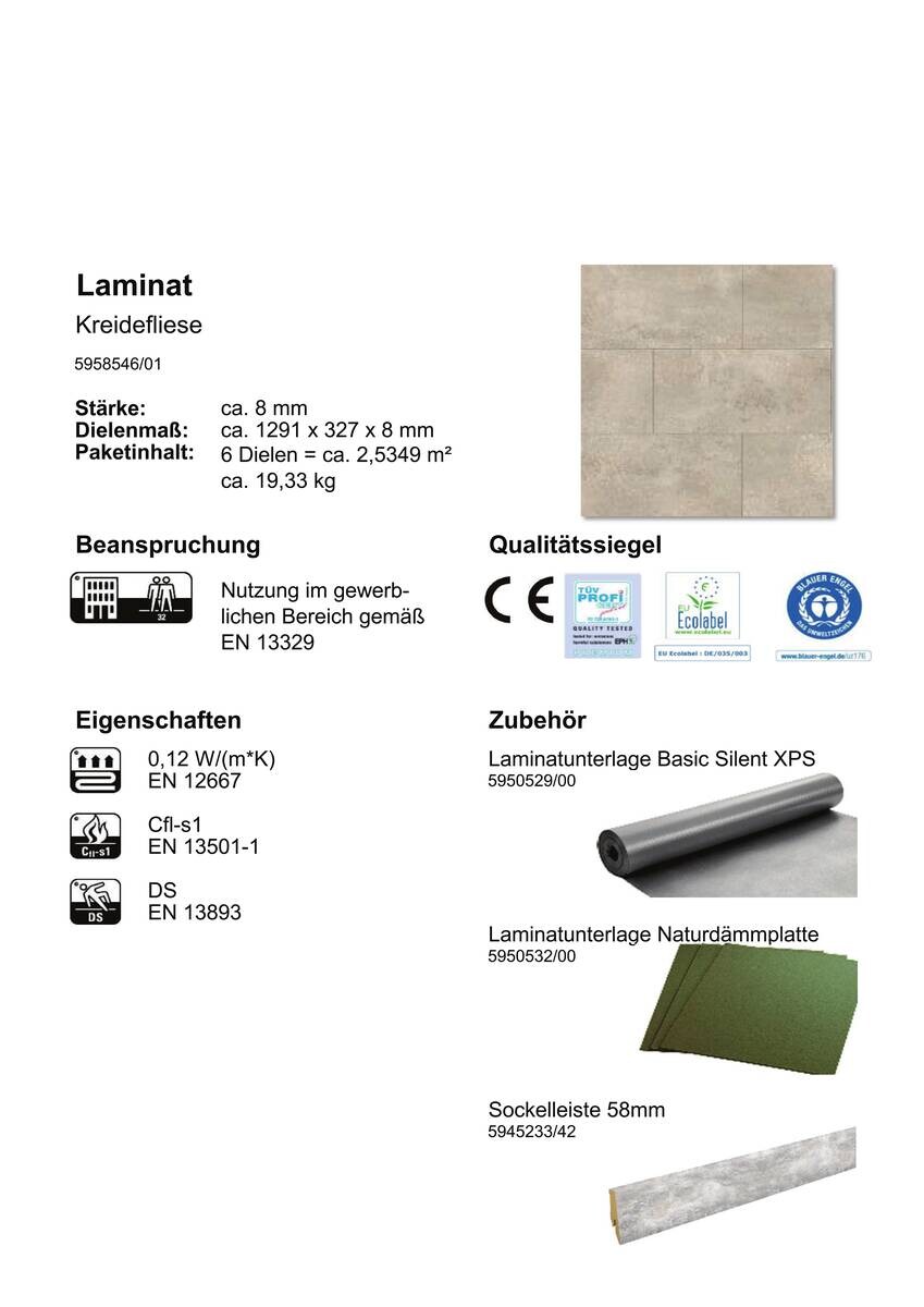 EGGER Laminatboden Kreidefliese ca. 2,5349 m² im Paket  B/L: ca. 34x130,5 cm pro Paket