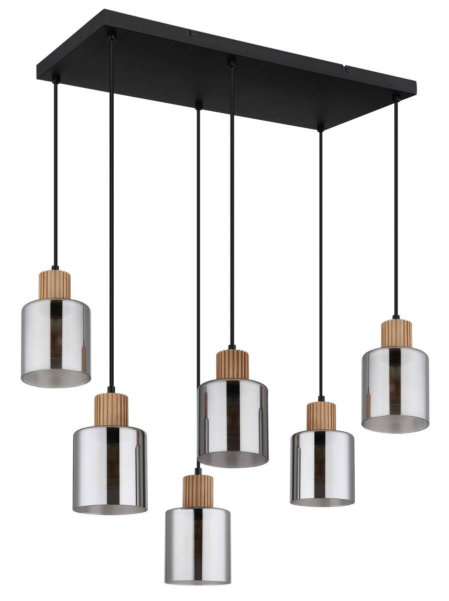 GLOBO Pendelleuchte Rauch schwarz dunkelbraun Glas Holz Metall B/H/L: ca. 33x120x67 cm E27 6 Brennstellen
