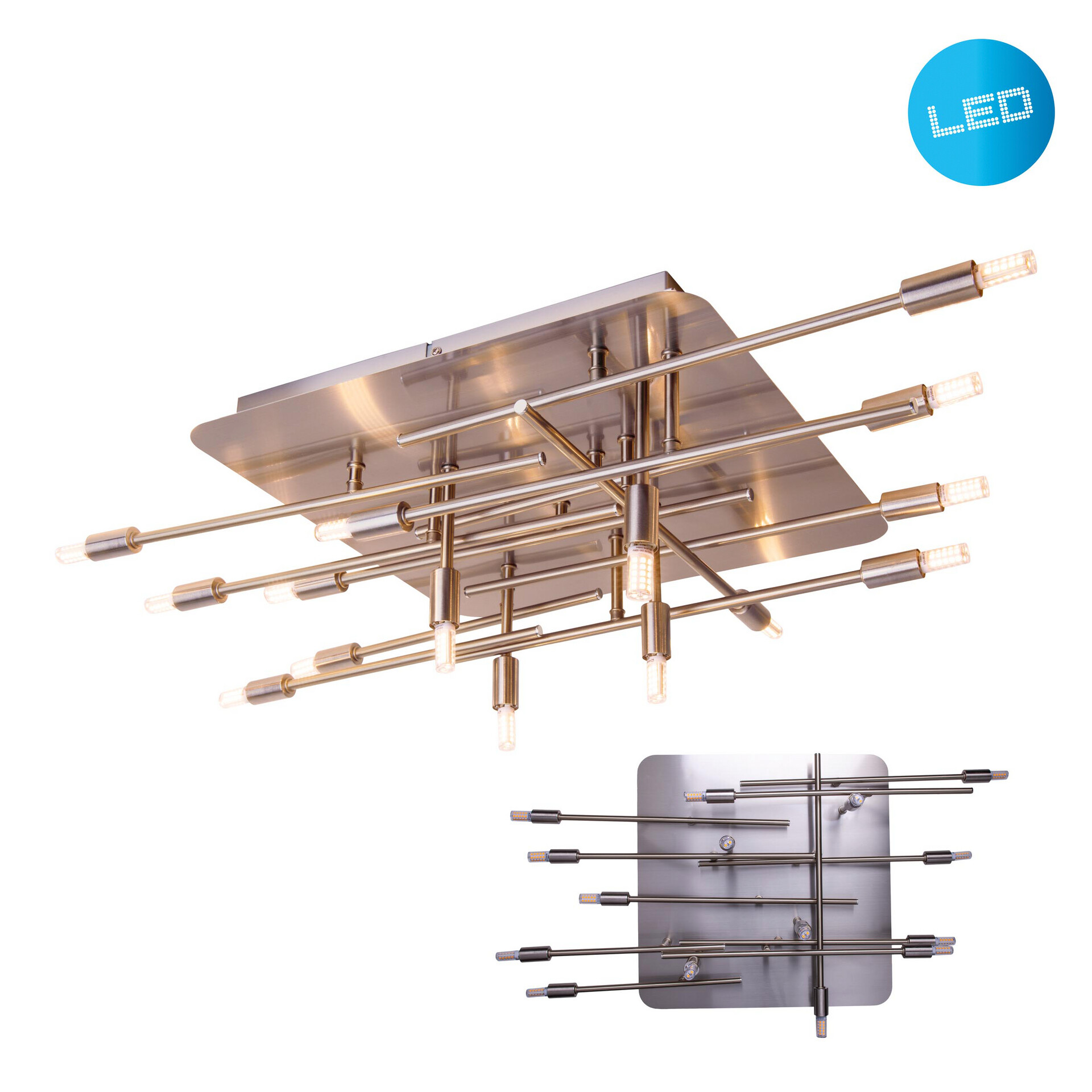 Näve Leuchten Deckenleuchte 1392950 stahlfarbig Metall B/H/T: ca. 70x15x71 cm G9 14 Brennstellen