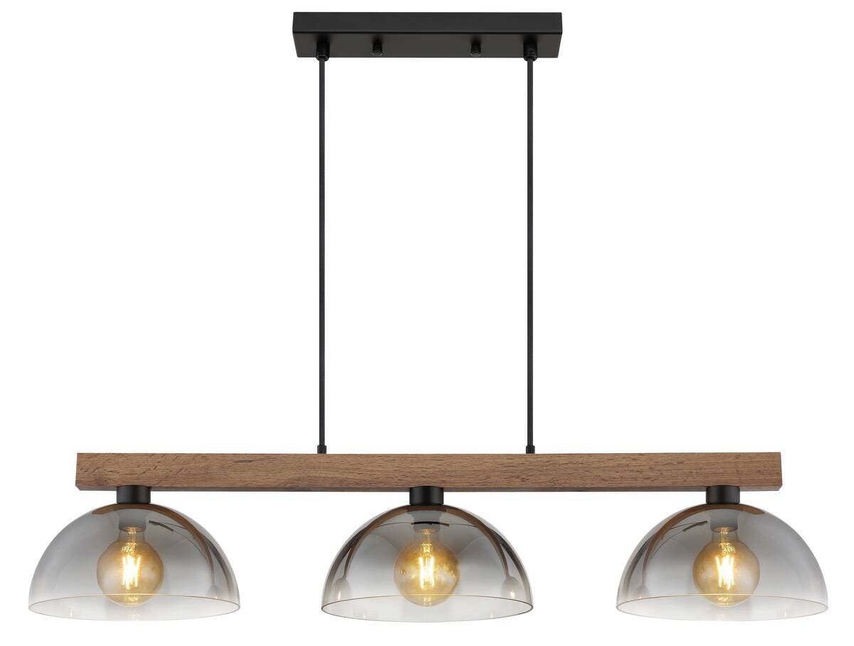 GLOBO Hängeleuchte dunkelbraun mattschwarz Rauch Holz Metall Glas B/H/L: ca. 30x120x114 cm E27 3 Brennstellen