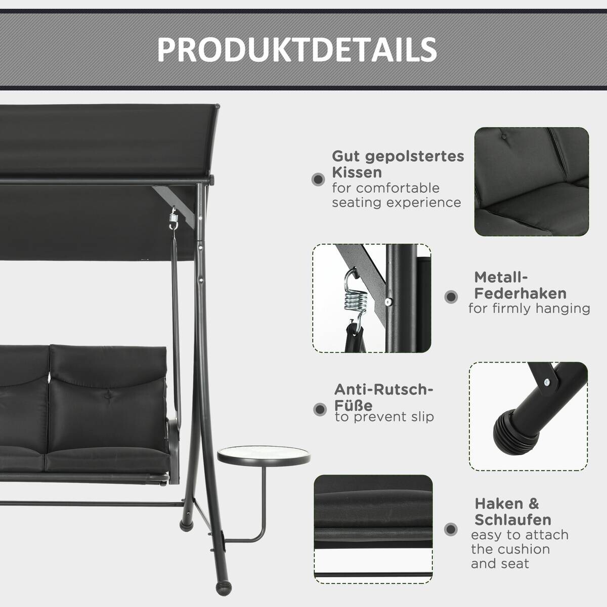 Outsunny Hollywoodschaukel schwarz Polyester B/H/L: ca. 135x177x278 cm