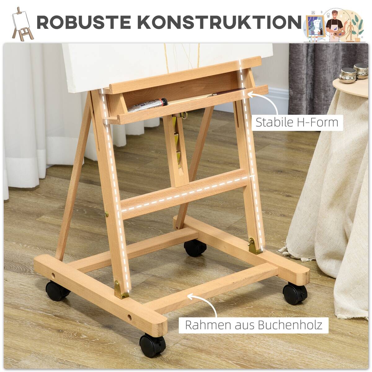 Vinsetto Staffelei natur Buche B/H/L: ca. 53x50,5x238 cm
