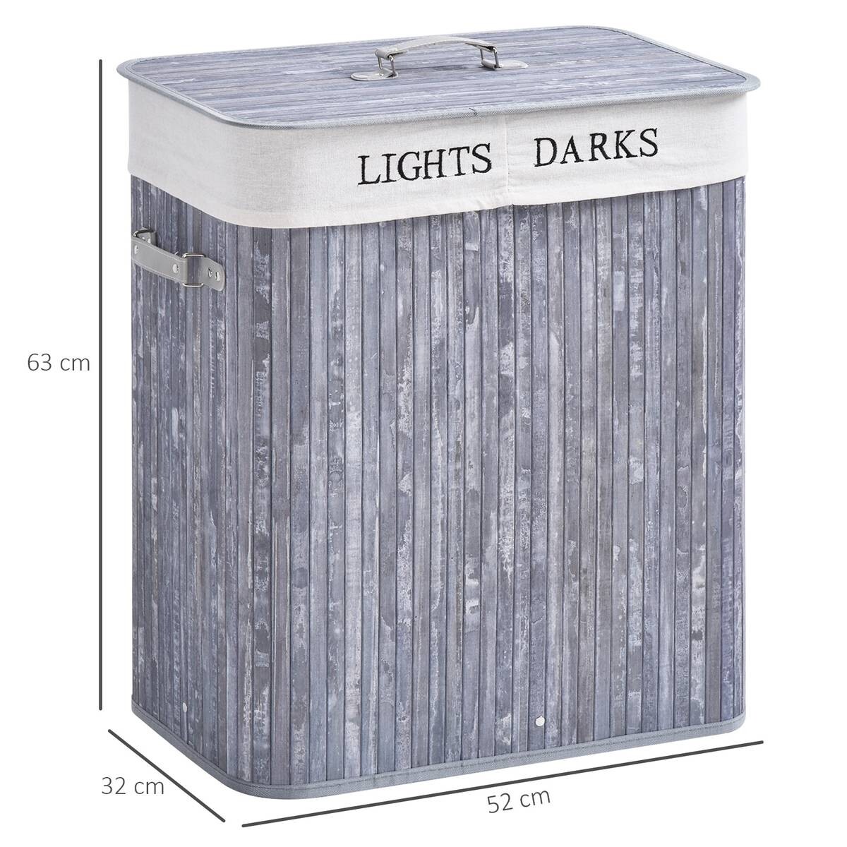 HOMCOM Wäschekorb mit 2 Tragegriffen grau Bambus Kunststoff B/H/L: ca. 32x63x52 cm