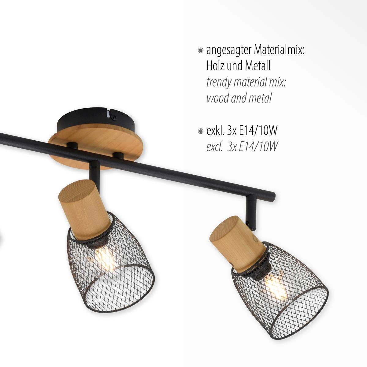Just Light Spotbalken TAMIS 15193-79 schwarz natur Holz Metall B/H/T: ca. 65x22x24 cm E14 3 Brennstellen