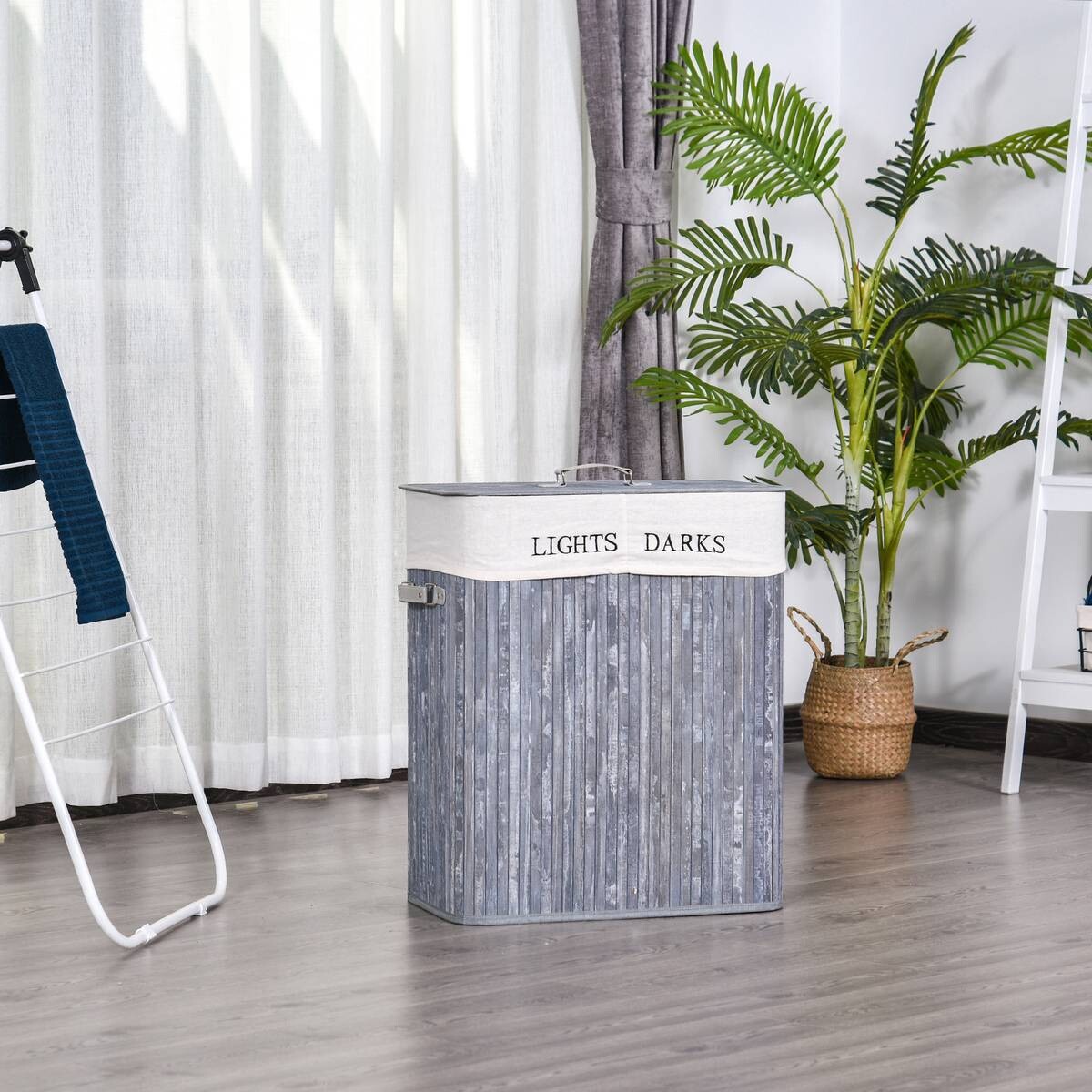 HOMCOM Wäschekorb mit 2 Tragegriffen grau Bambus Stoff Kunststoff B/H/L: ca. 30x60x40 cm