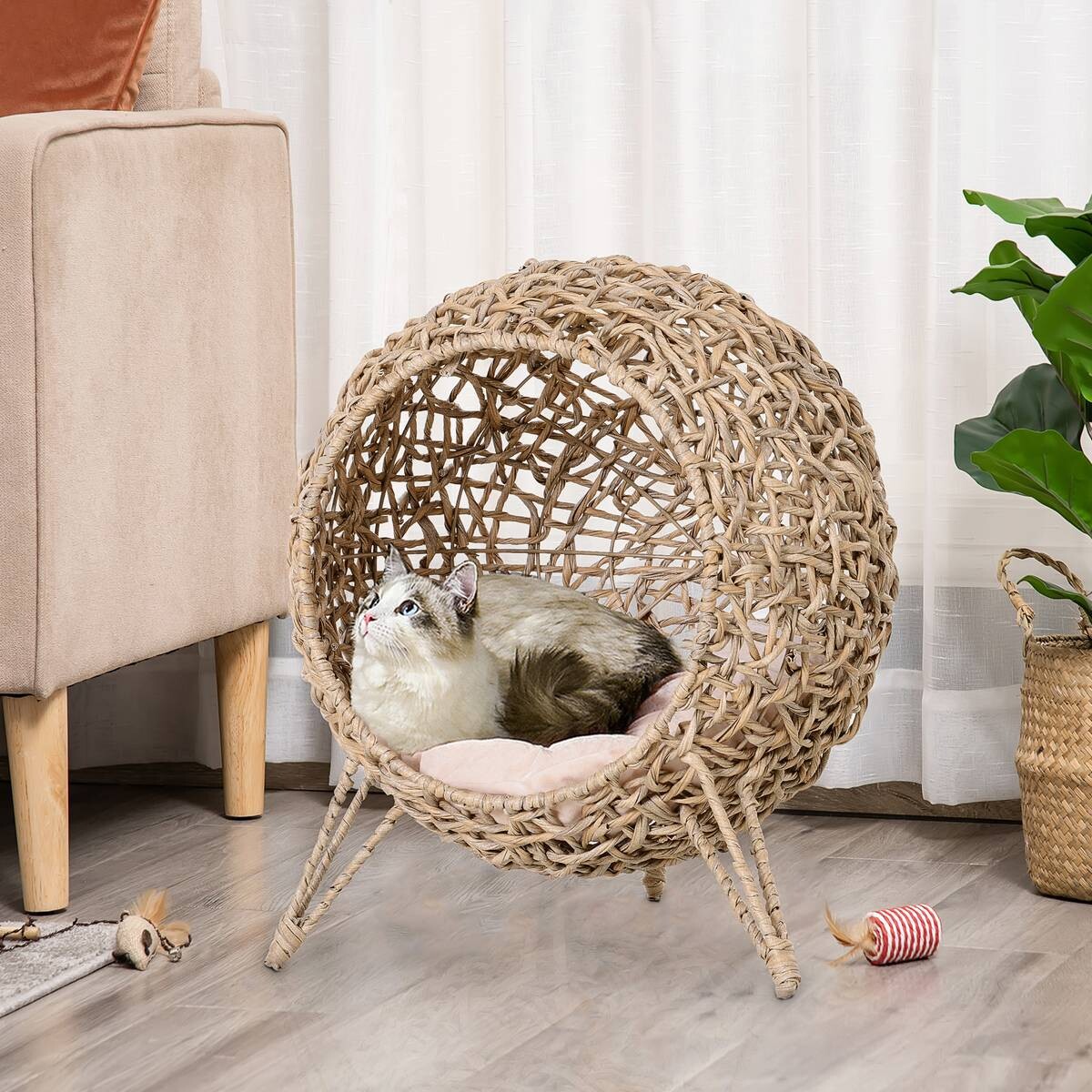 PawHut Katzenkorb natur Rattan B/H/L: ca. 52x58x52 cm