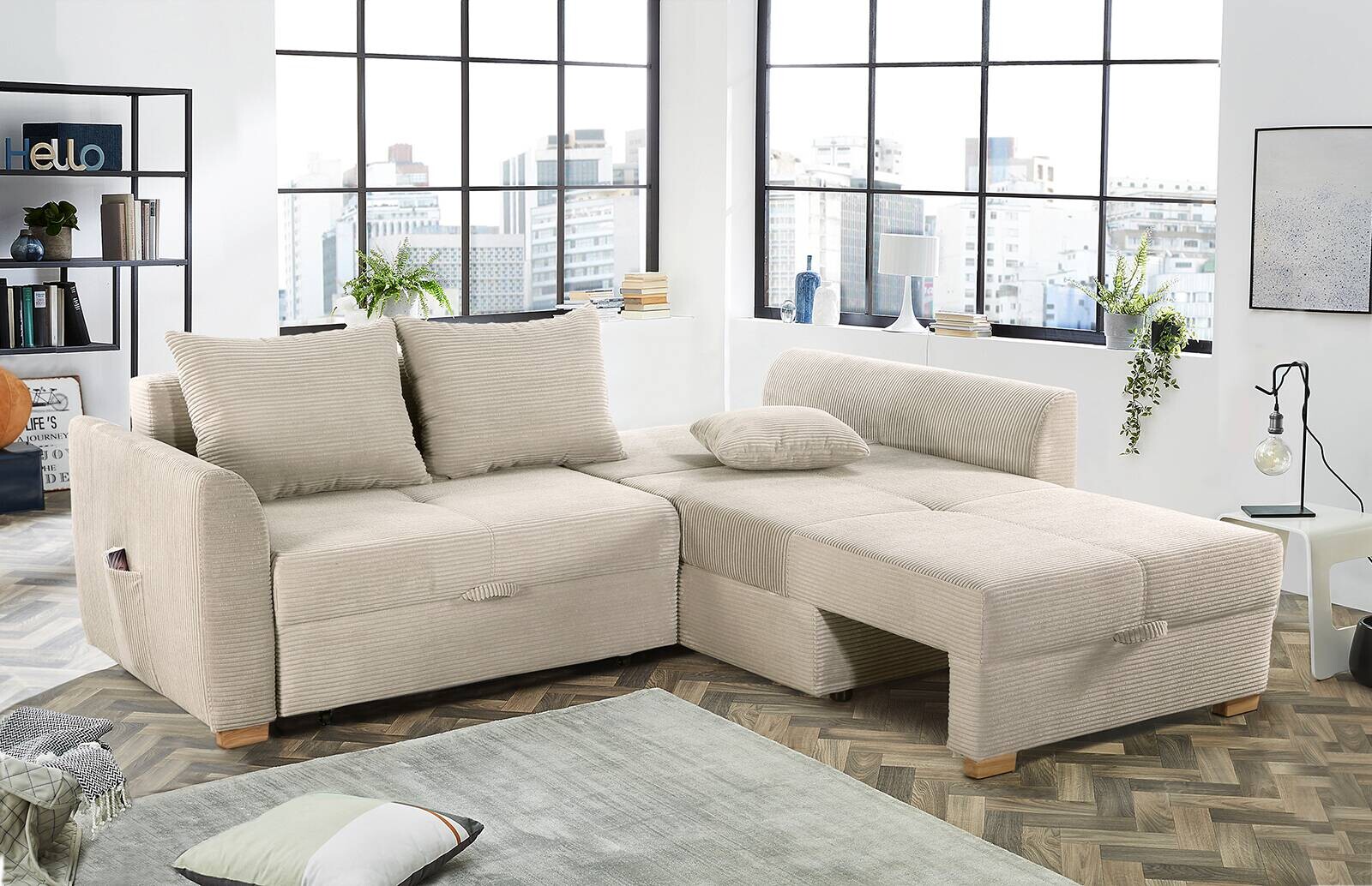 Ecksofa mit Bettfunktion und Bettkasten beige B/H/T: ca. 236x81x160 cm