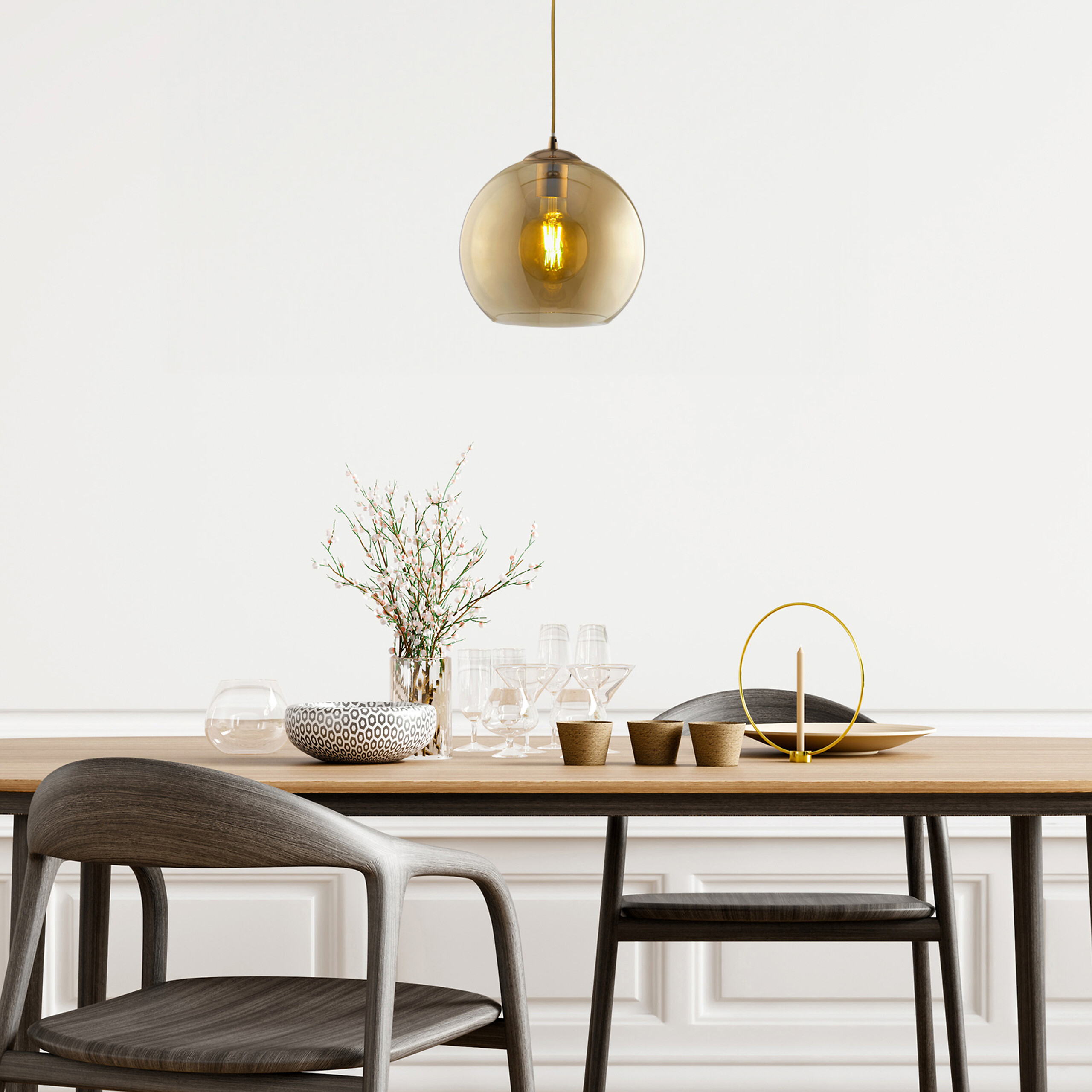 Searchlight Pendelleuchte Balls messing Glas Stahl B/H/D: ca. 30x120x30 cm E27 1 Brennstellen