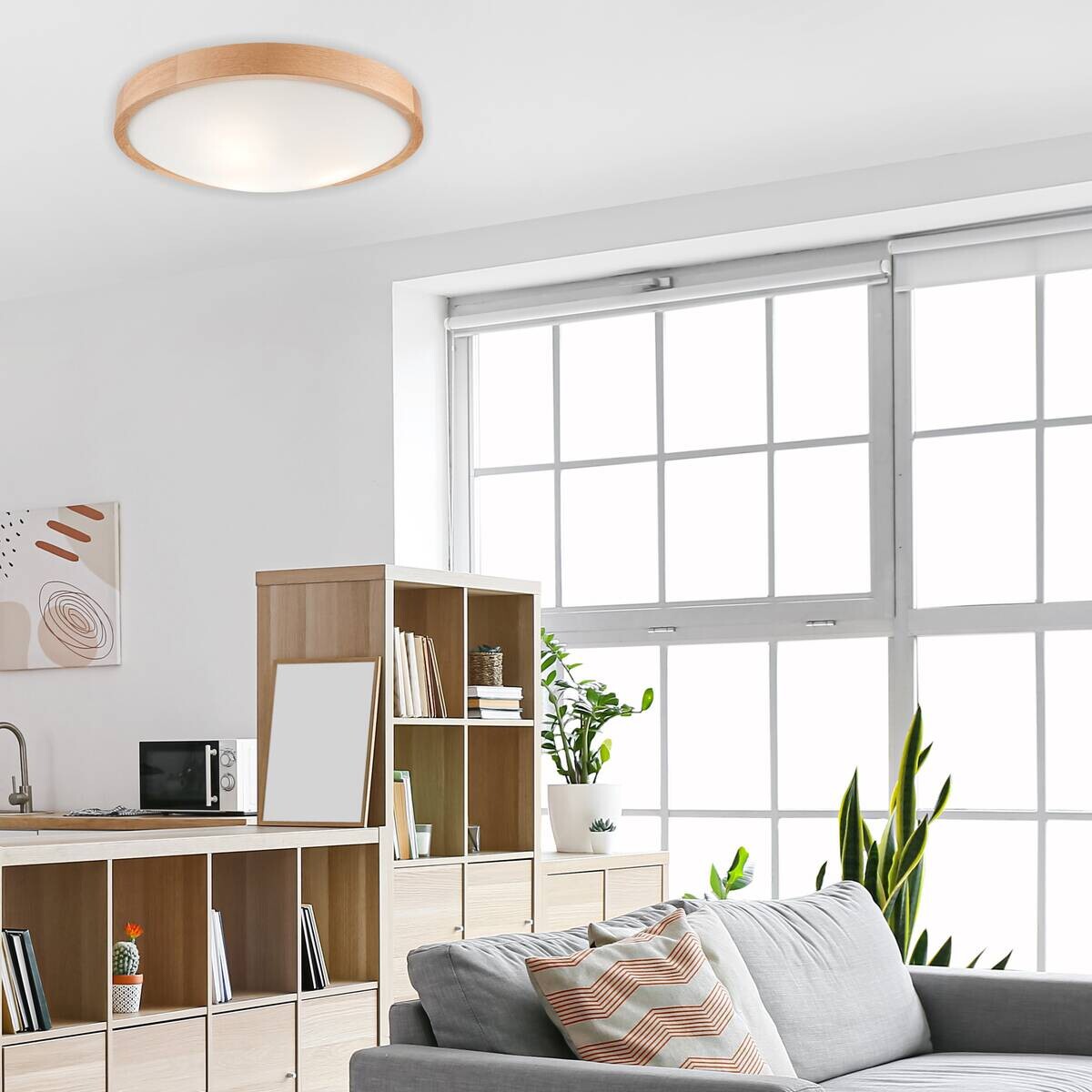 Lamkur Deckenleuchte ANELLO 41308 Eiche Glas Holz H/L: ca. 8x47 cm E27 3 Brennstellen