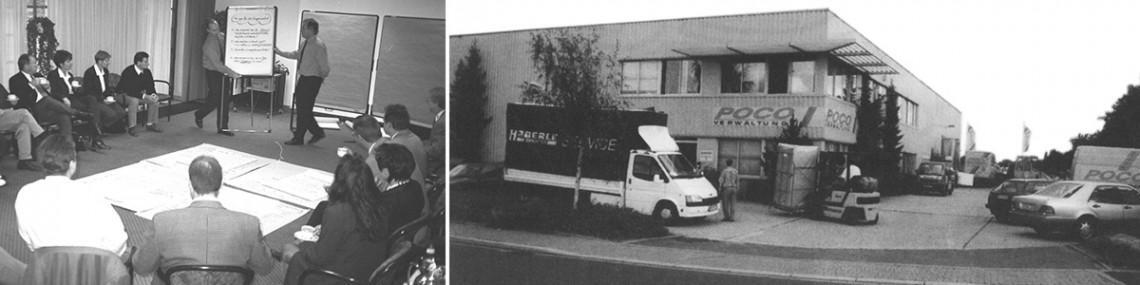 Zweiteilige Schwarz-Weiß-Aufnahme: links eine Mitarbeiterrunde bei einer Präsentation mit Flipcharts, rechts ein früher POCO-Standort mit Transportern, Gabelstapler und Lagerbetrieb – Einblick in die Unternehmensanfänge.