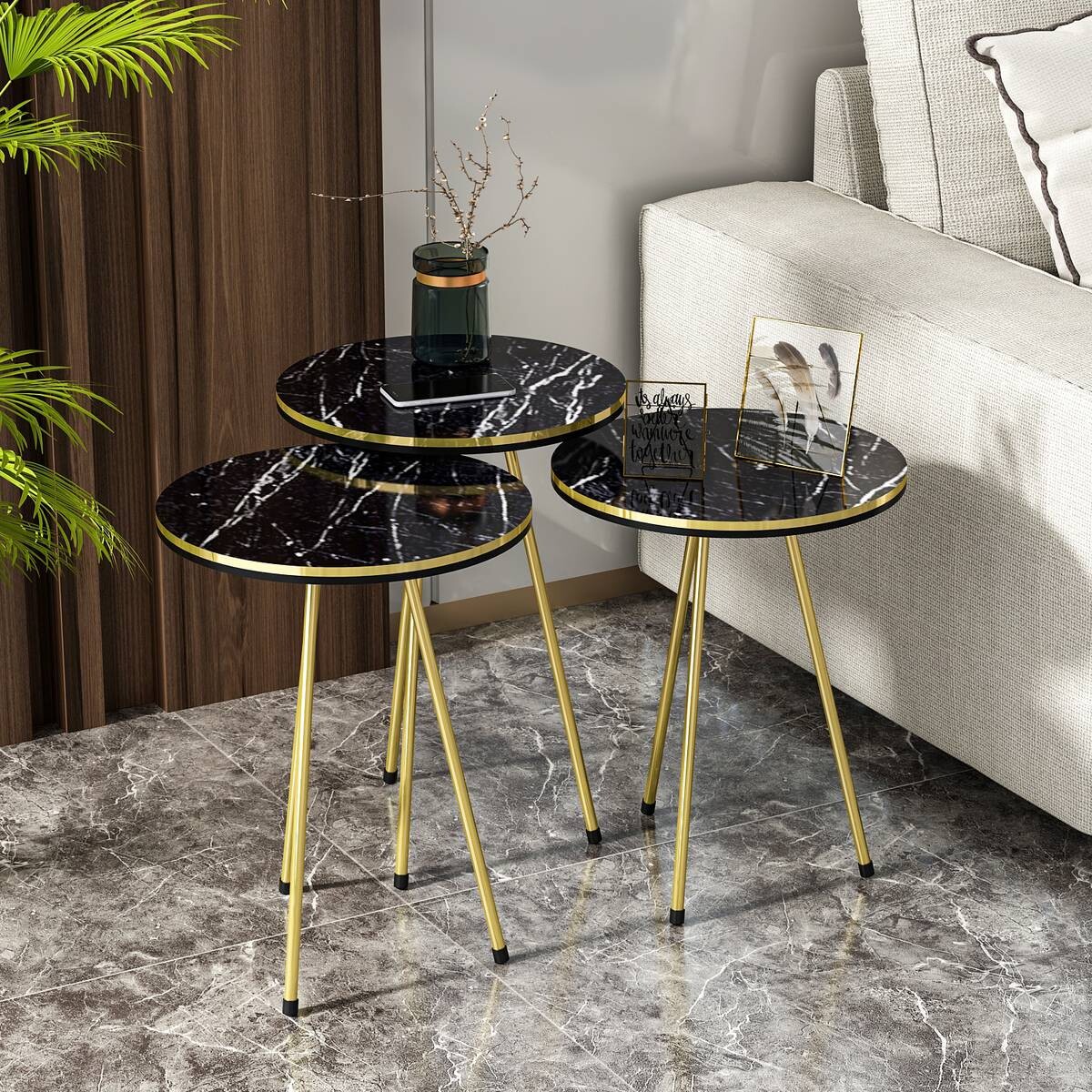 Beistelltisch 3er-Set. 21716146 schwarz Marmoroptik B/H/T: ca. 38x53,5x38 cm