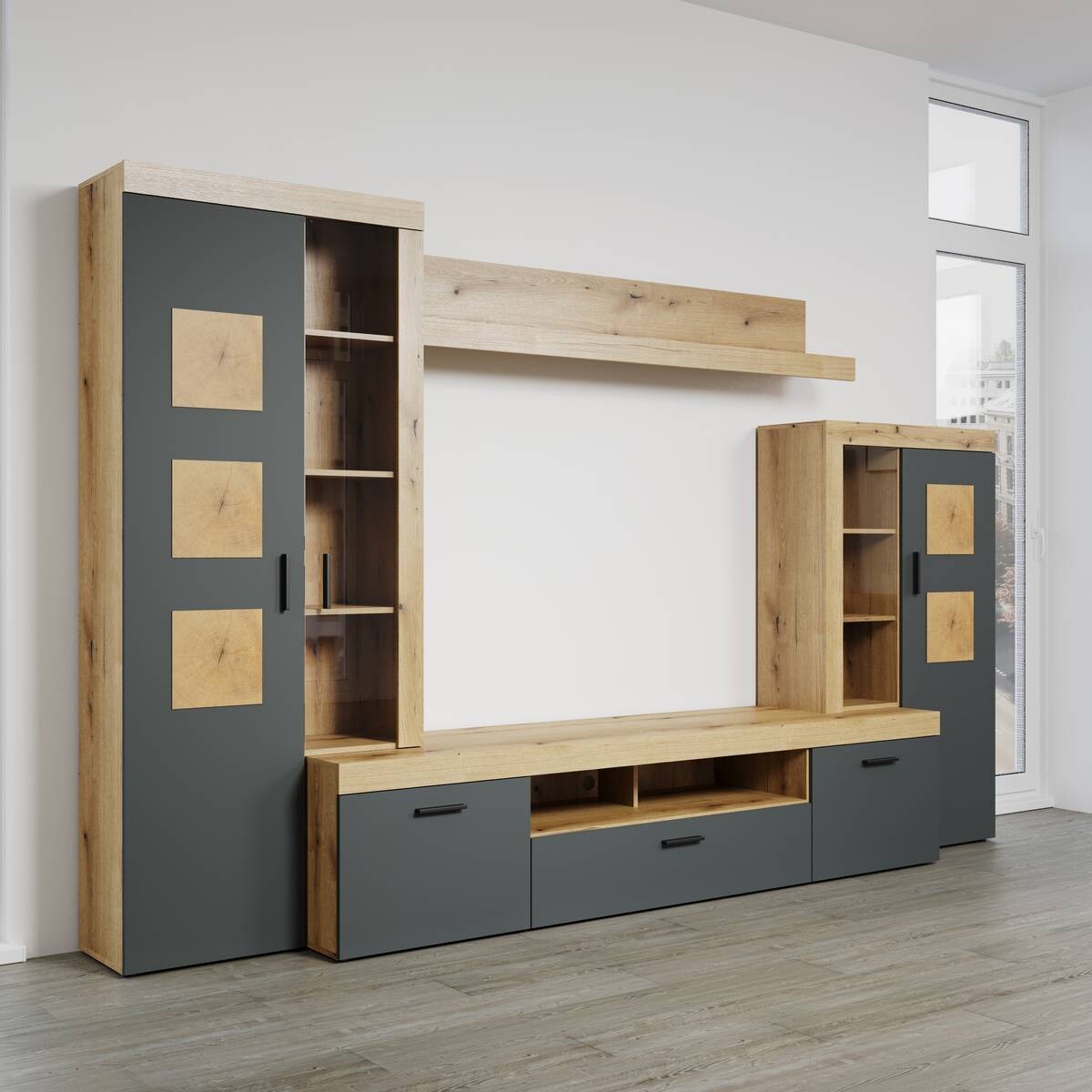 Wohnwand Tyler Eiche Evoke Coast Nachbildung anthrazit B/H/T: ca. 331x206x50 cm