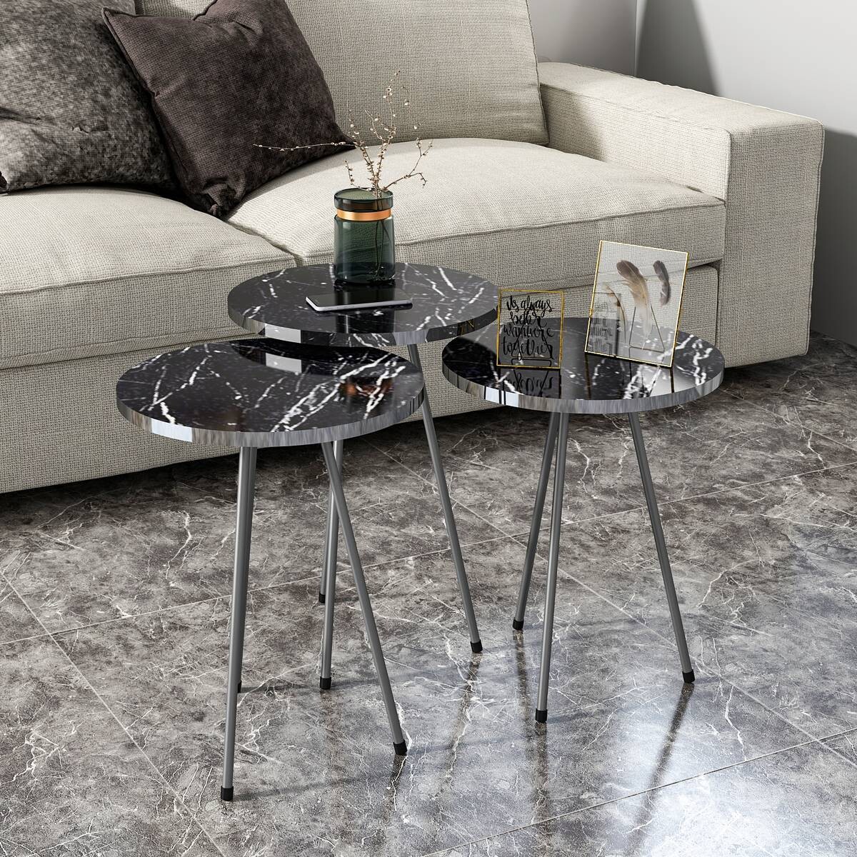 Beistelltisch 3er-Set. 21796177 schwarz Marmoroptik B/H/T: ca. 38x53,5x38 cm