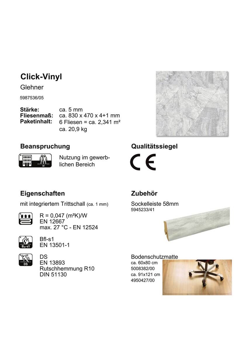 Check One Click-Vinylboden Glehner ca. 2,341 m² im Paket  B/L: ca. 47x83 cm pro Paket