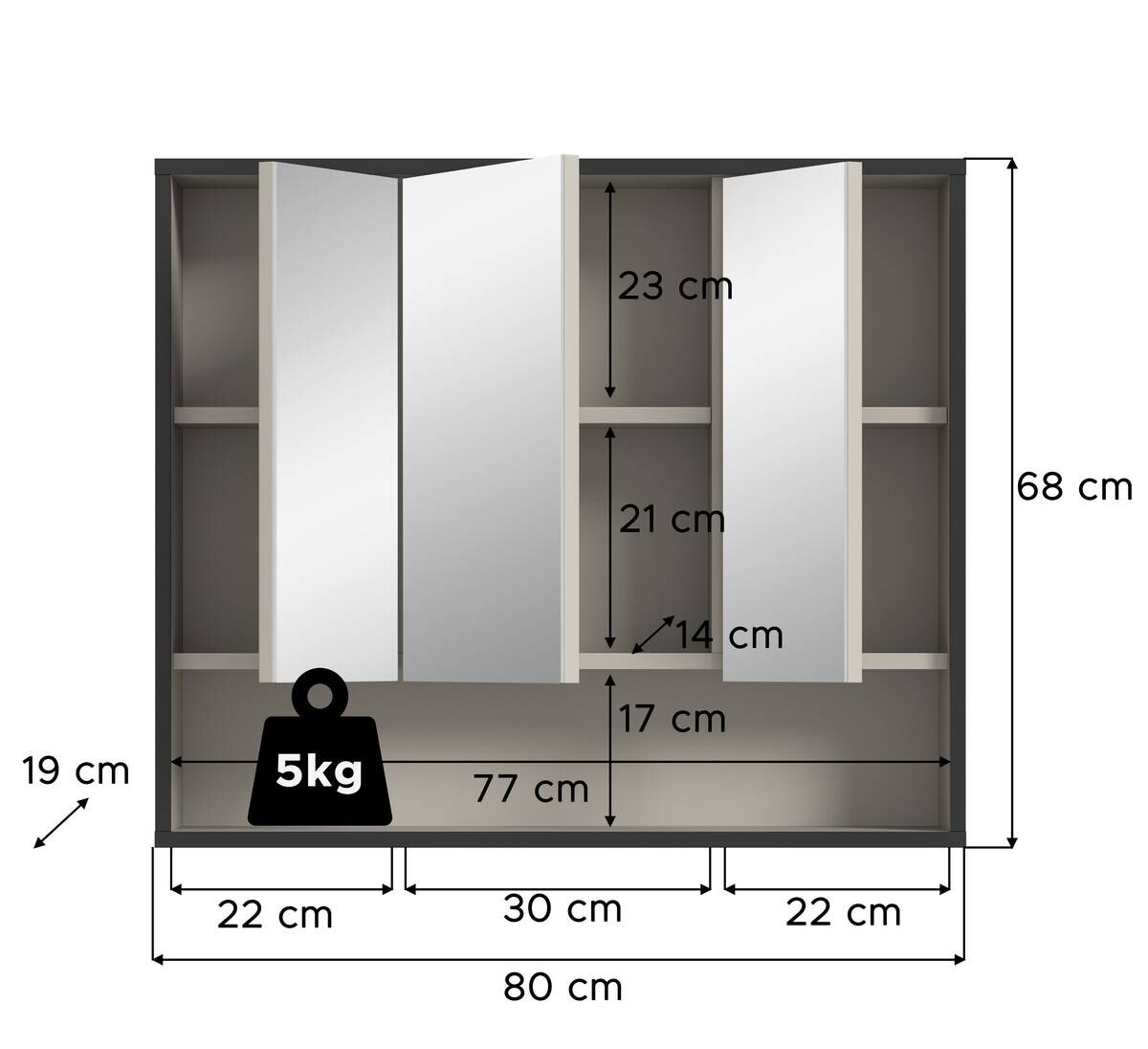 Spiegelschrank BAGNO schwarz Kaschmirgrau Nachbildung B/H/T: ca. 80x68x19 cm