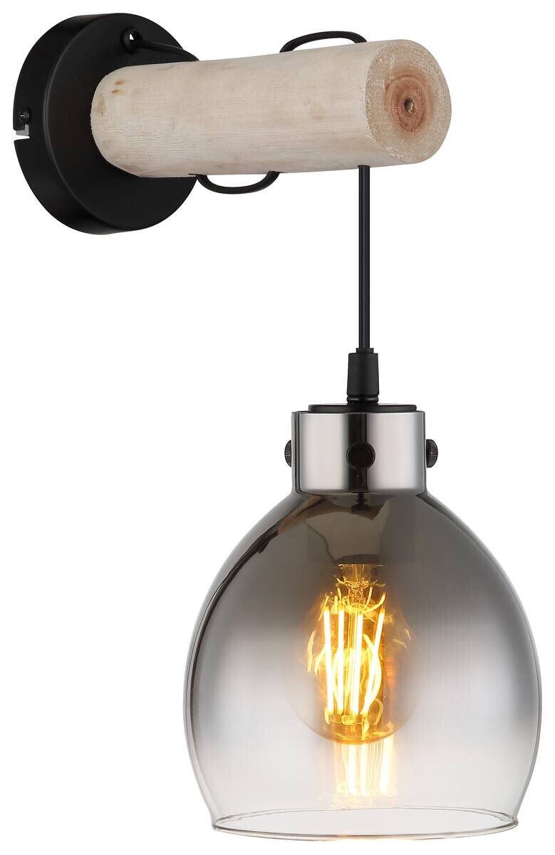 GLOBO Wandleuchte schwarz natur Rauch Metall Glas Holz B/H/T: ca. 15x33x24 cm E27 1 Brennstellen