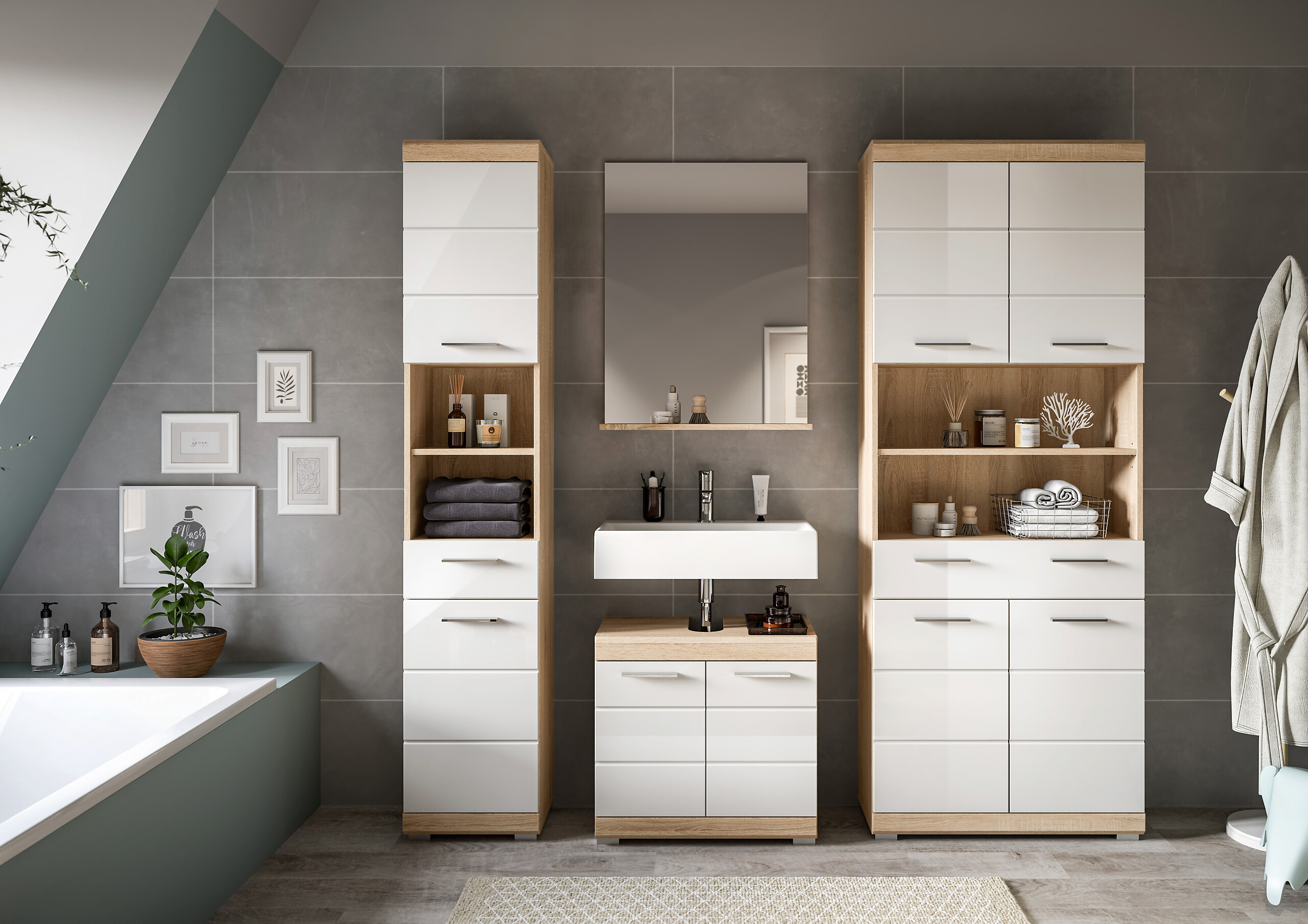 Badezimmer-Set Lambada Eiche Sonoma Nachbildung weiß Hochglanz B/H/T: ca. 186x191x34 cm