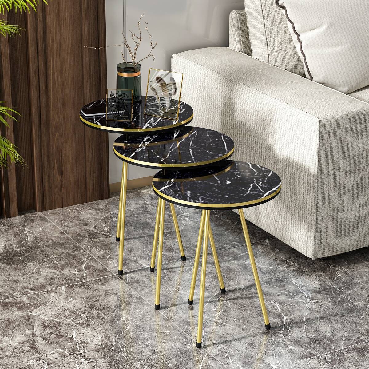 Beistelltisch 3er-Set. 21716146 schwarz Marmoroptik B/H/T: ca. 38x53,5x38 cm
