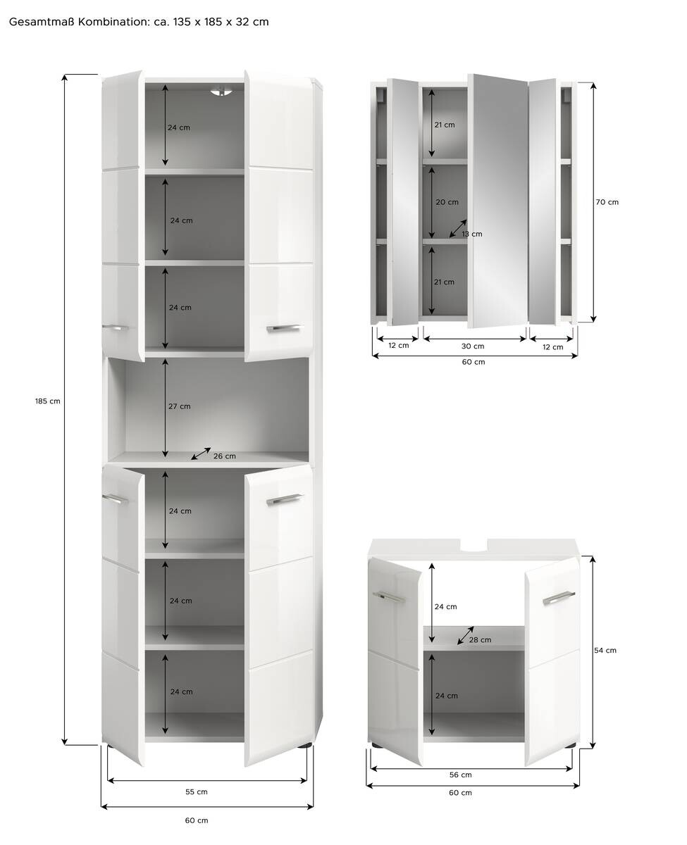 Badezimmer-Set ICE weiß weiß Hochglanz B/H/T: ca. 135x190x32 cm