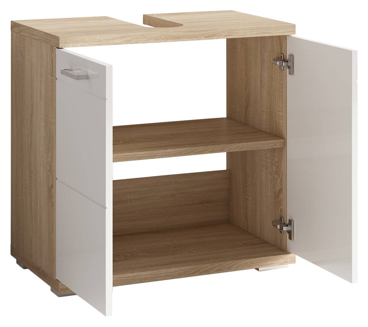 Waschbeckenunterschrank NEBRASKA Eiche Nachbildung weiß Lack Hochglanz silber B/H/T: ca. 60x59x31,5 cm