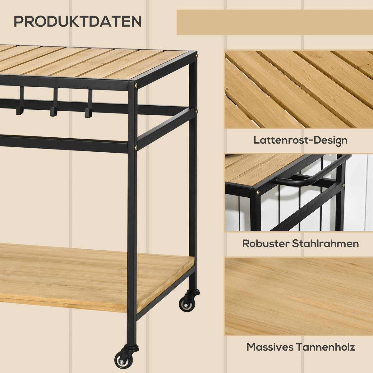 Outsunny Servierwagen natur Stahl B/H/L: ca. 65x80x107 cm