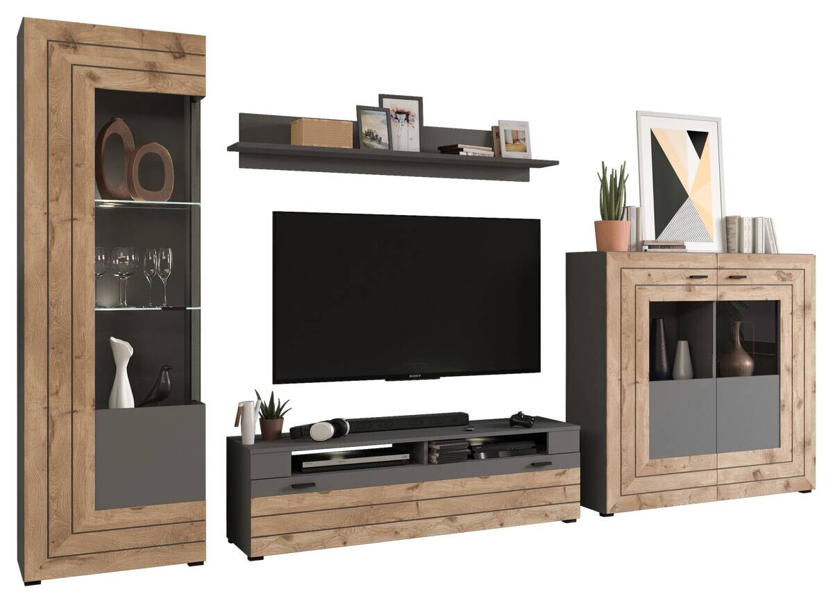 Wohnwand Freno grau matt Eiche Nox Oak Nachbildung B/H/T: ca. 350x195x40 cm