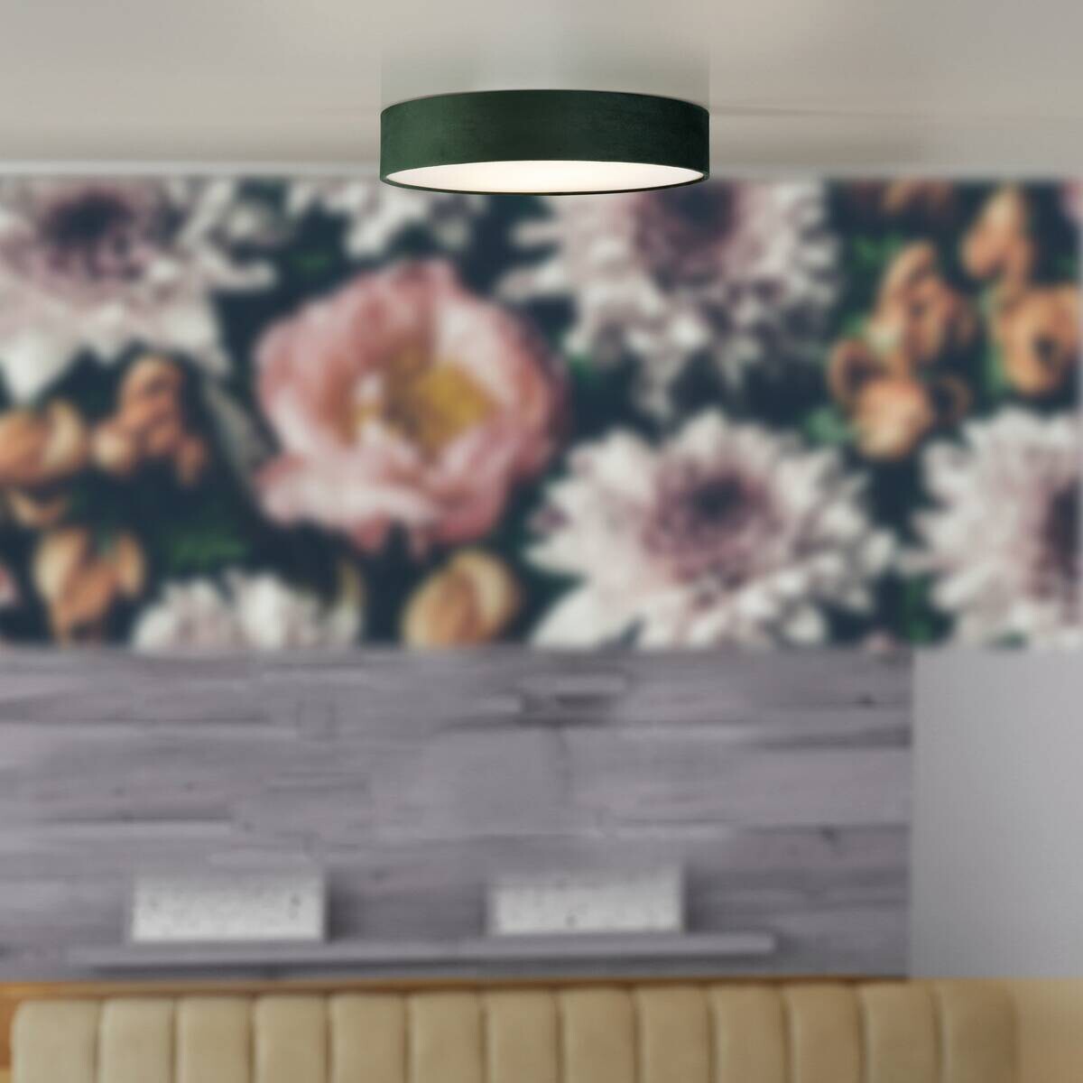 Searchlight Deckenleuchte Drum grün Samt Stahl B/H/L/D: ca. 50x10x50x50 cm E27 3 Brennstellen