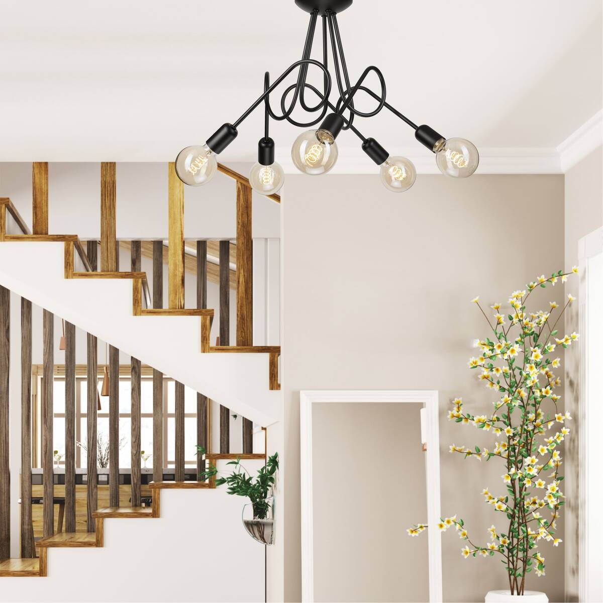 Lamkur Kronleuchter schwarz Stahl B/H/L: ca. 39x54x54 cm E27 5 Brennstellen