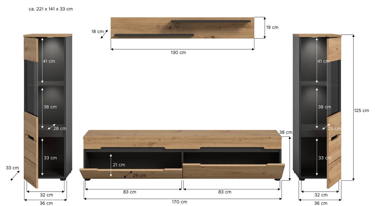 Wohnwand Canu basaltgrau Nachbildung Artisan Oak Nachbildung B/H/T: ca. 272x141x33 cm