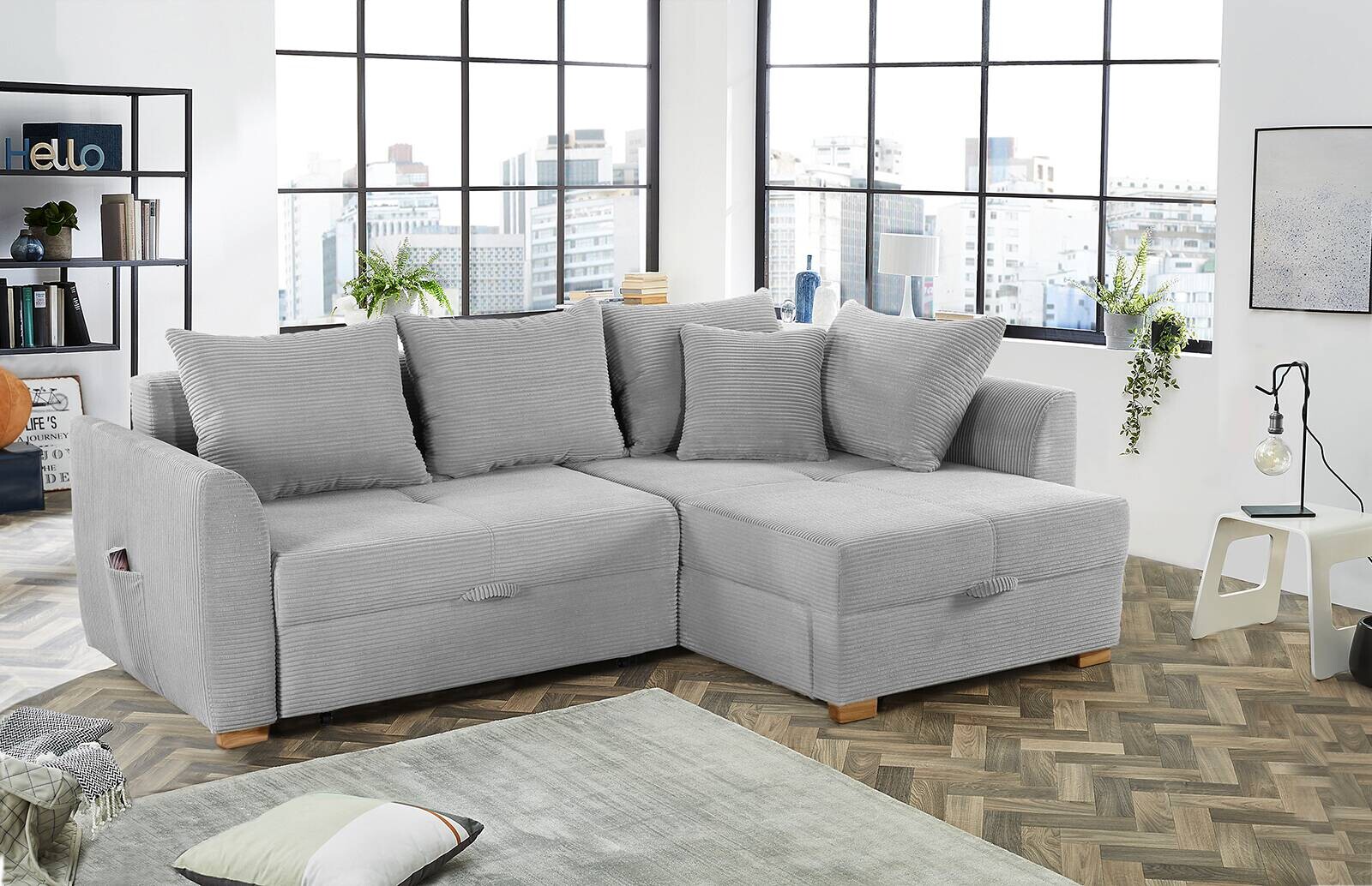 Ecksofa mit Bettfunktion und Bettkasten hellgrau B/H/T: ca. 236x81x160 cm Ecksofa mit Bettfunktion und Bettkasten hellgrau B/H/T: ca. 236x81x160 cm