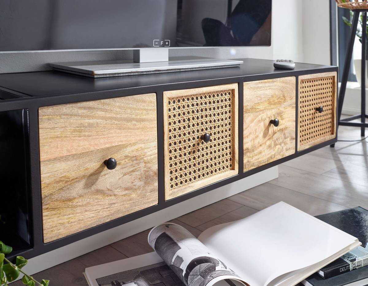 TV-Bank schwarz pulverbeschichtet natur Eisen Echtholz B/H/T: ca. 150x25x35 cm