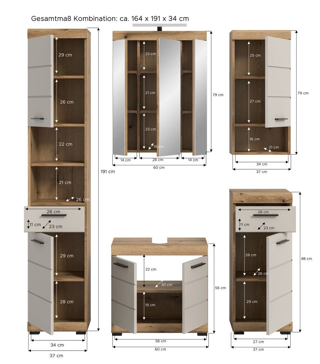 Badezimmer-Set Scout Evoke Oak Nachbildung Kaschmirgrau Nachbildung B/H/T: ca. 164x191x34 cm