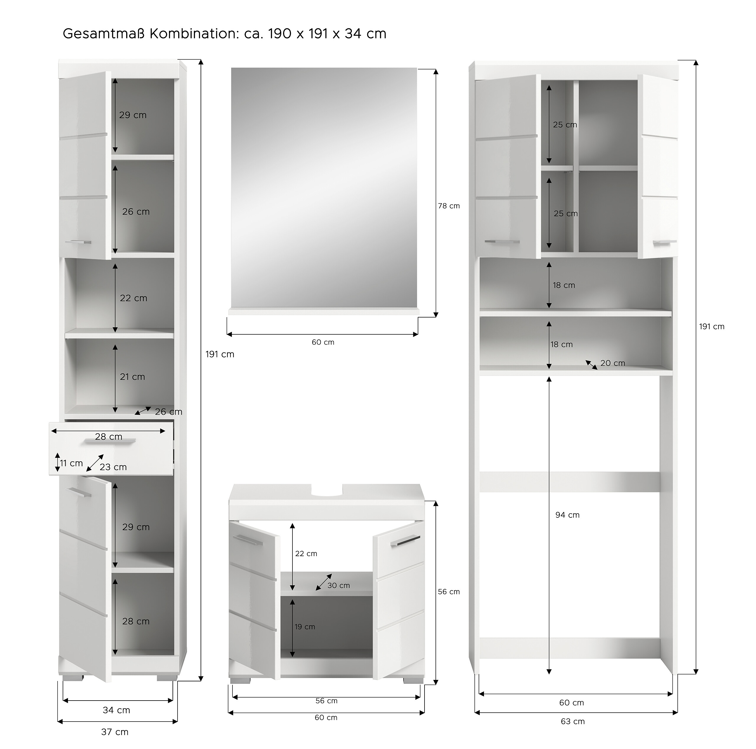 Badezimmer-Set Scout weiß weiß Hochglanz B/H/T: ca. 190x191x34 cm