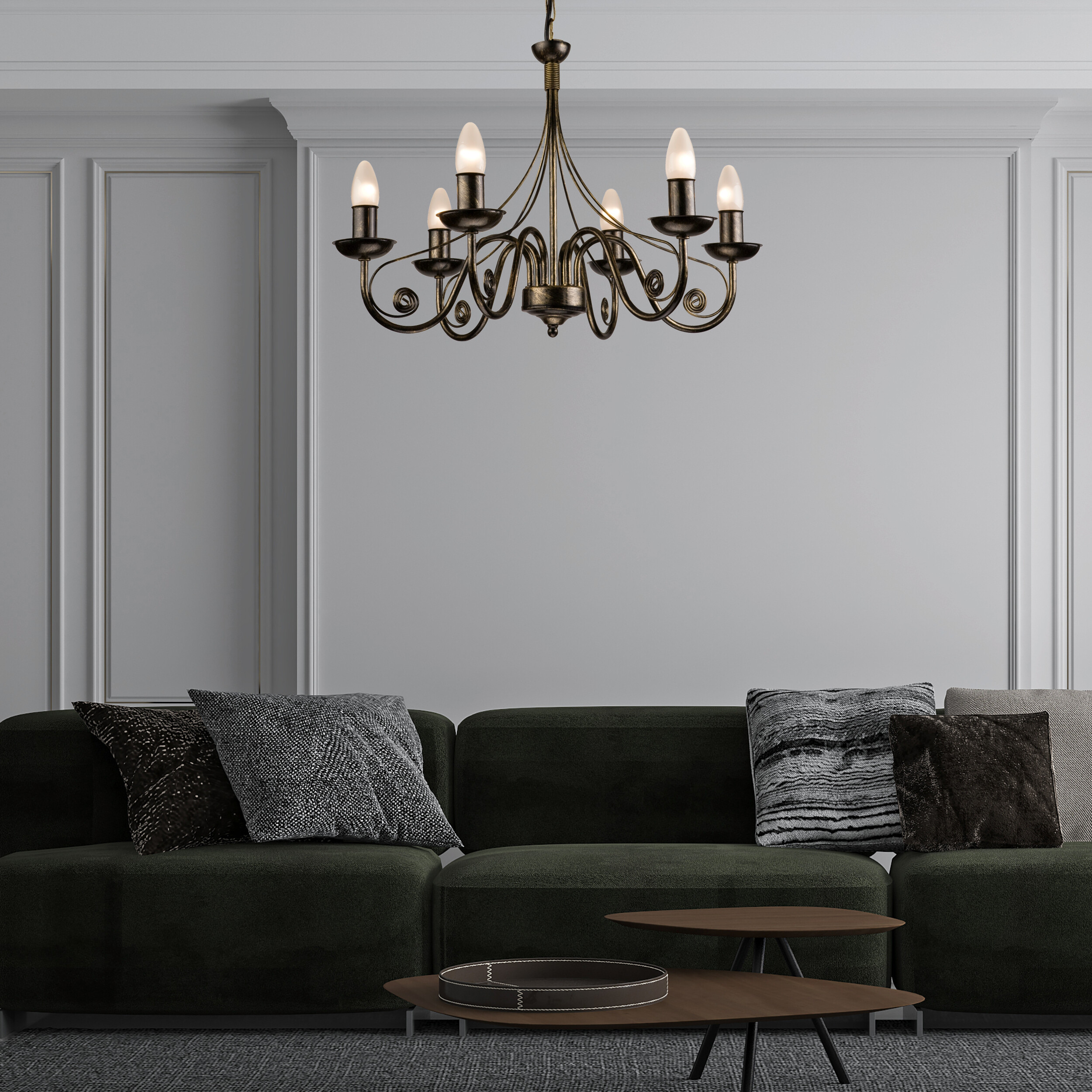 Lamkur Kronleuchter Donato schwarz Stahl B/H/L: ca. 57x72x57 cm E14 6 Brennstellen