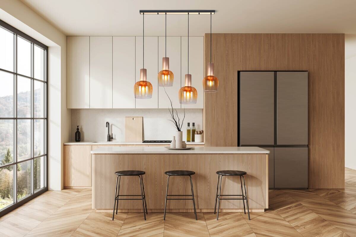 Näve Leuchten Pendelleuchte messing Glas Metall B/H/T: ca. 111x150x23,5 cm E27 4 Brennstellen