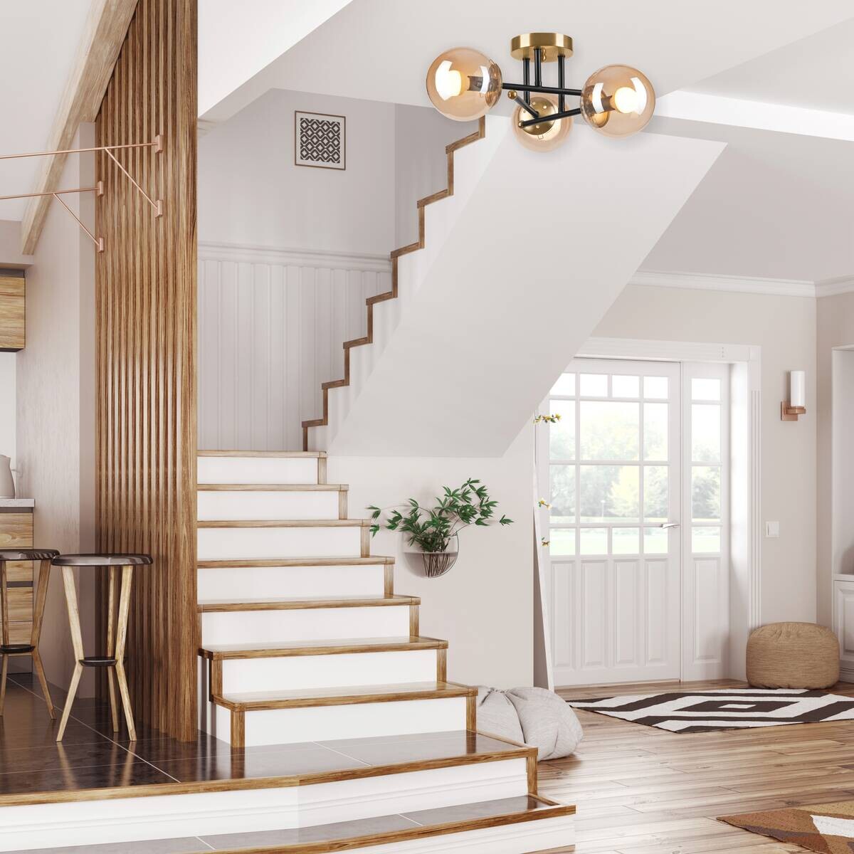 Lamkur Pendelleuchte Malena schwarz gold Glas Holz Kunststoff H/L: ca. 19x39 cm E27 3 Brennstellen