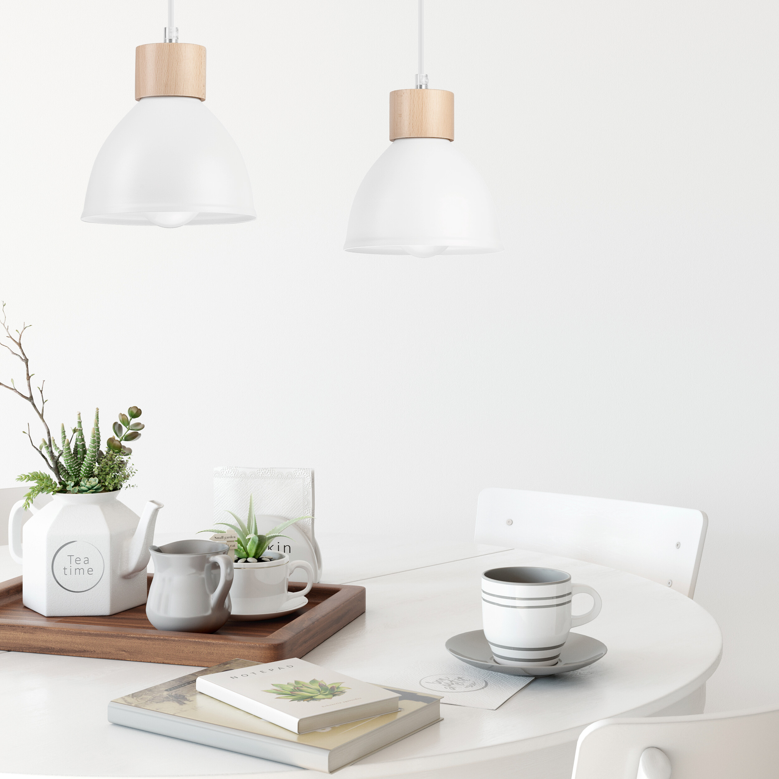 Lamkur Pendelleuchte weiß Stahl Holz B/H/L: ca. 13x82x48 cm E27 2 Brennstellen