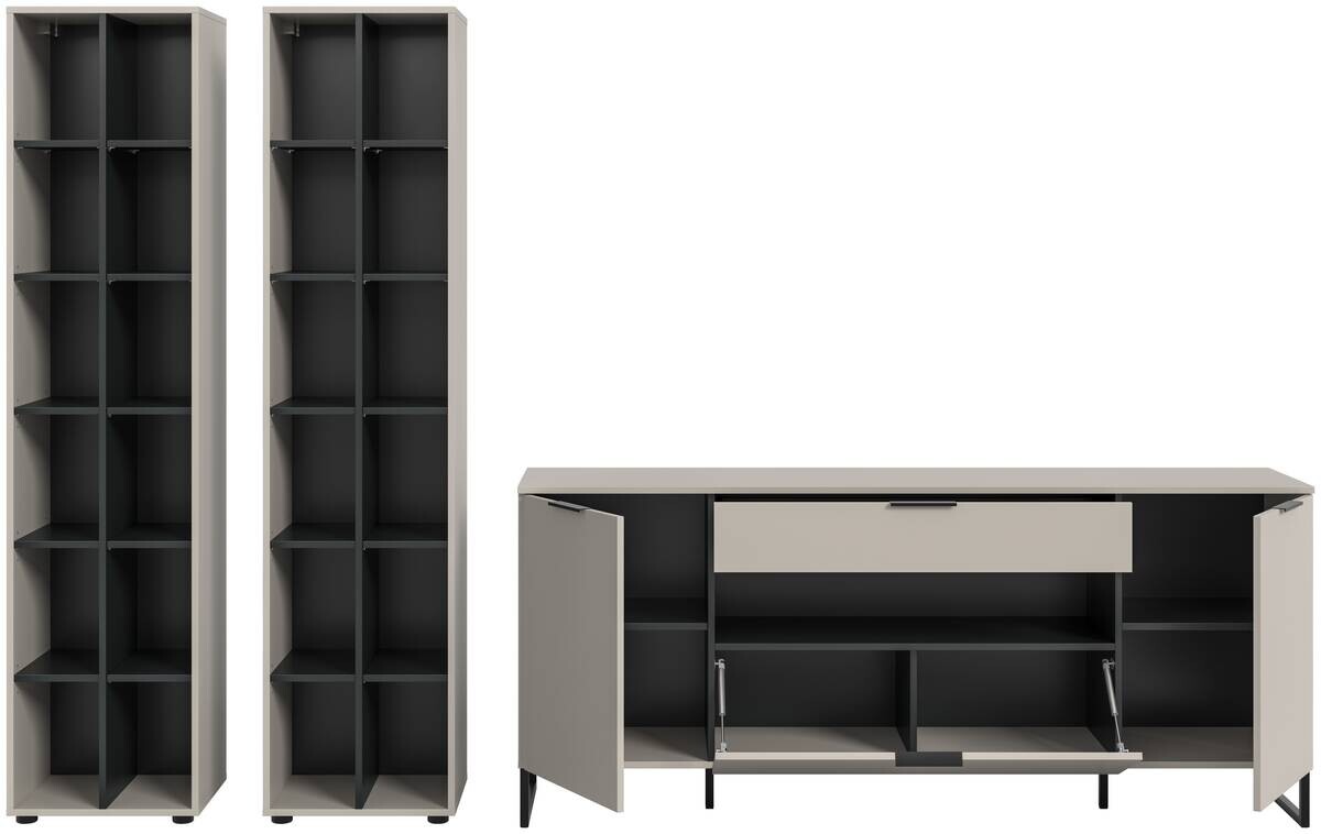 Wohnwand Noida Kaschmirgrau Nachbildung schwarz B/H/T: ca. 305x192x41 cm