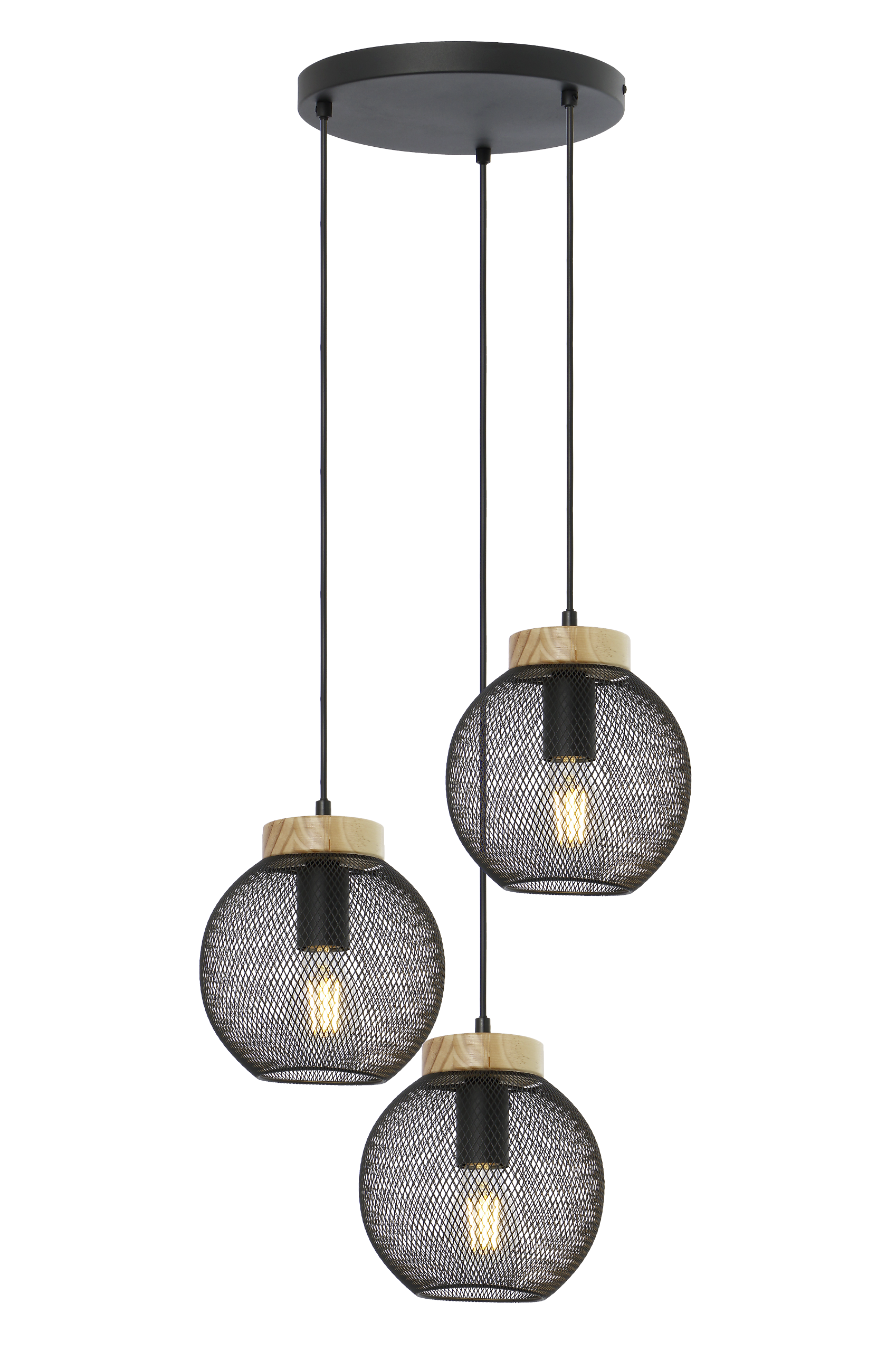 GLOBO Pendelleuchte Pablo schwarz natur Metall Holz H/D: ca. 120x44 cm E27 3 Brennstellen