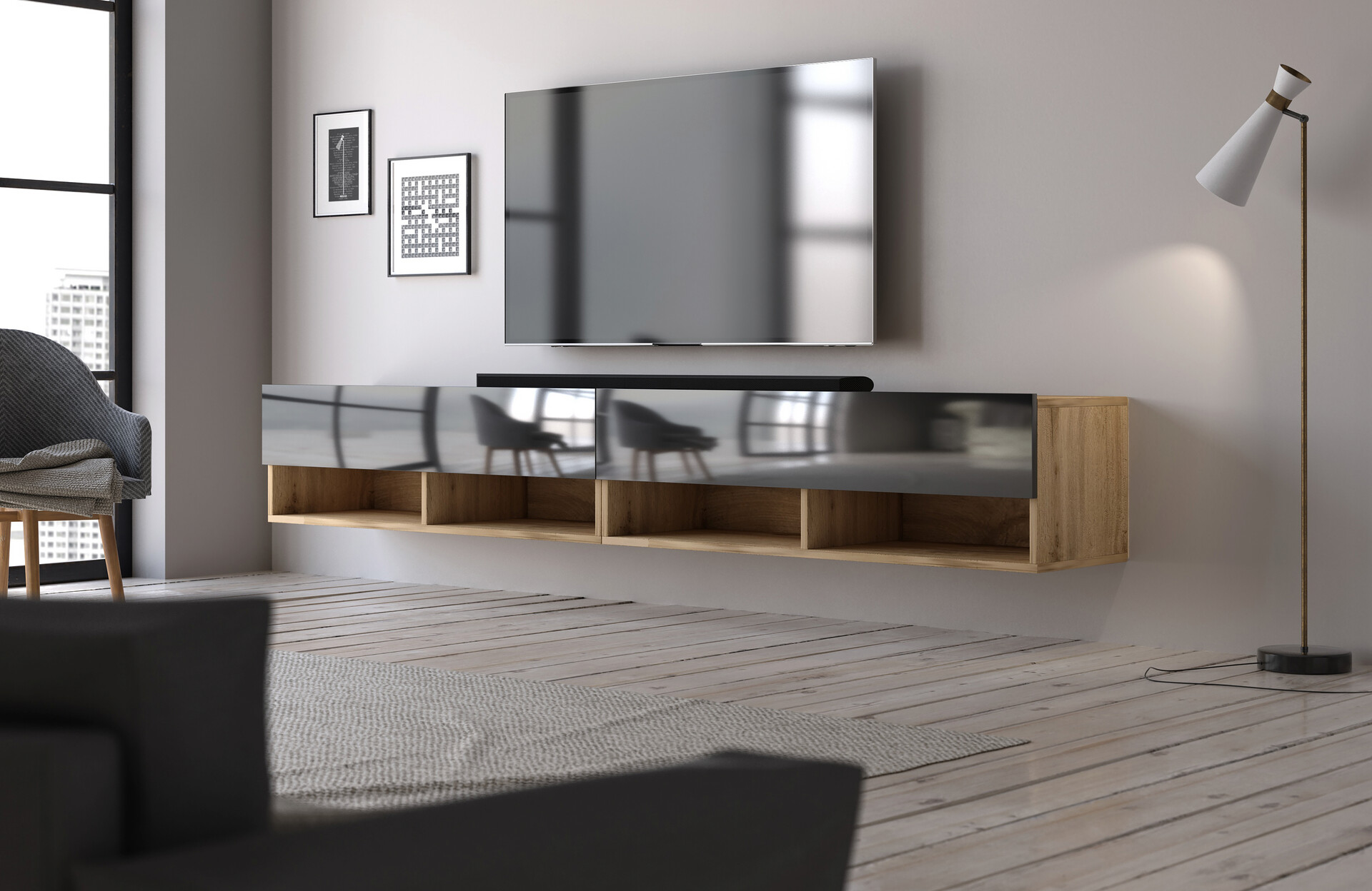 TV-Lowboard TV LOWBOARD DERBY 200 Eiche Wotan Nachbildung schwarz glänzend B/H/T: ca. 200x32,5x31,5 cm