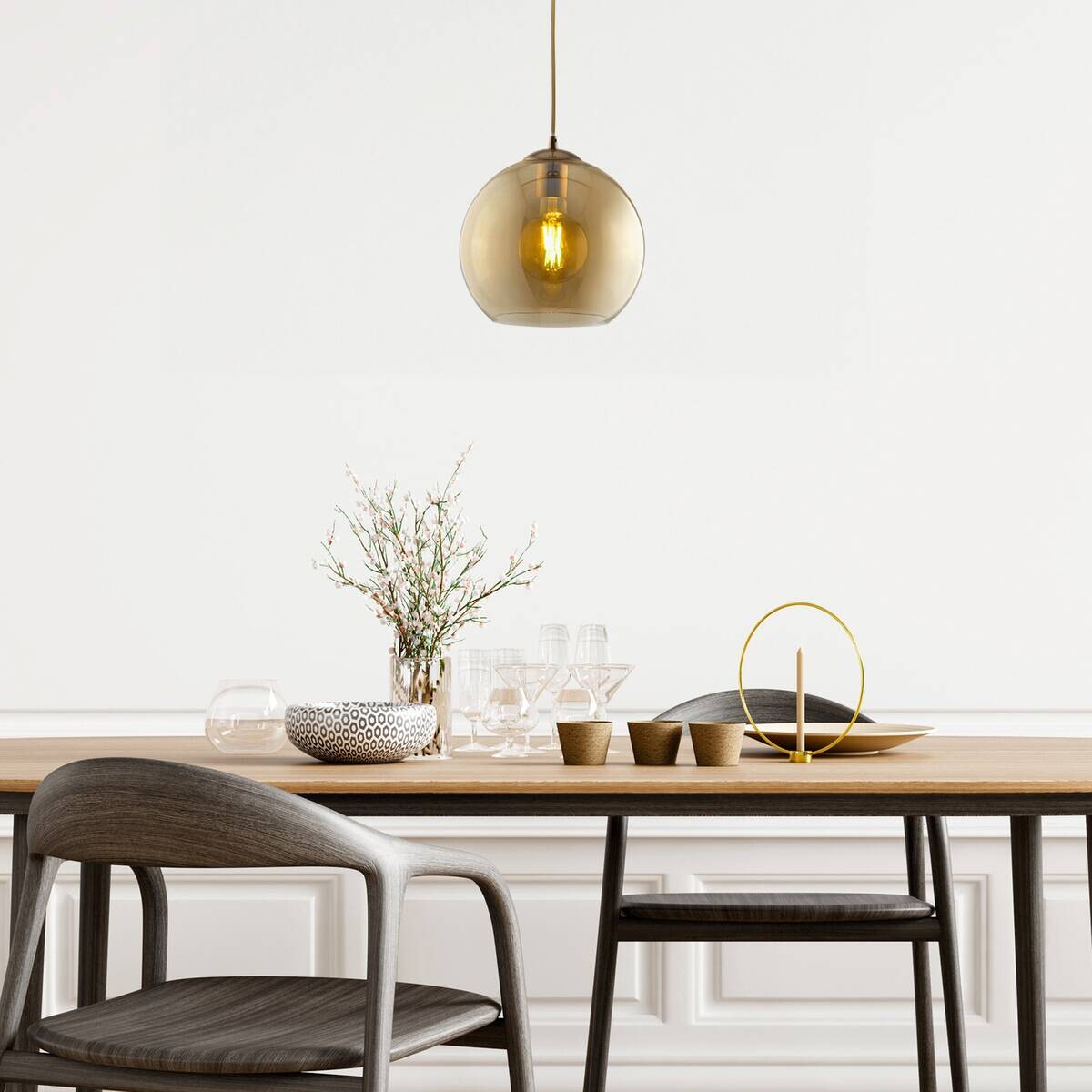 Searchlight Pendelleuchte Balls messing Glas Stahl B/H/D: ca. 30x120x30 cm E27 1 Brennstellen