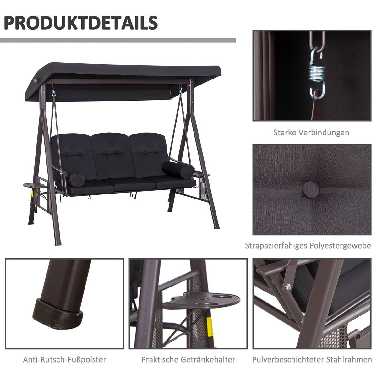 Outsunny Hollywoodschaukel schwarz Metall B/H/L: ca. 116x183x206 cm