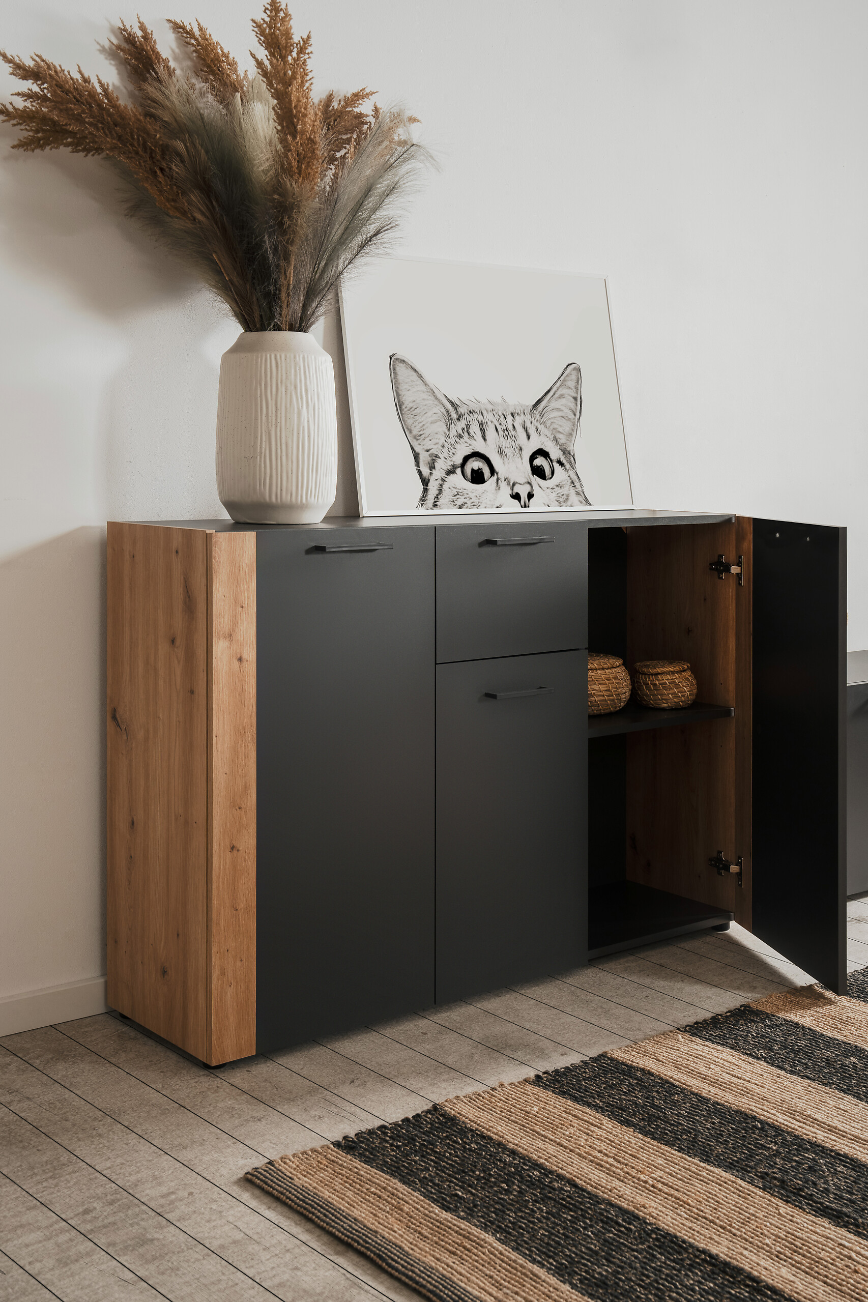Kommode Cento anthrazit Eiche Artisan Oak Nachbildung B/H/T: ca. 126x83x35 cm