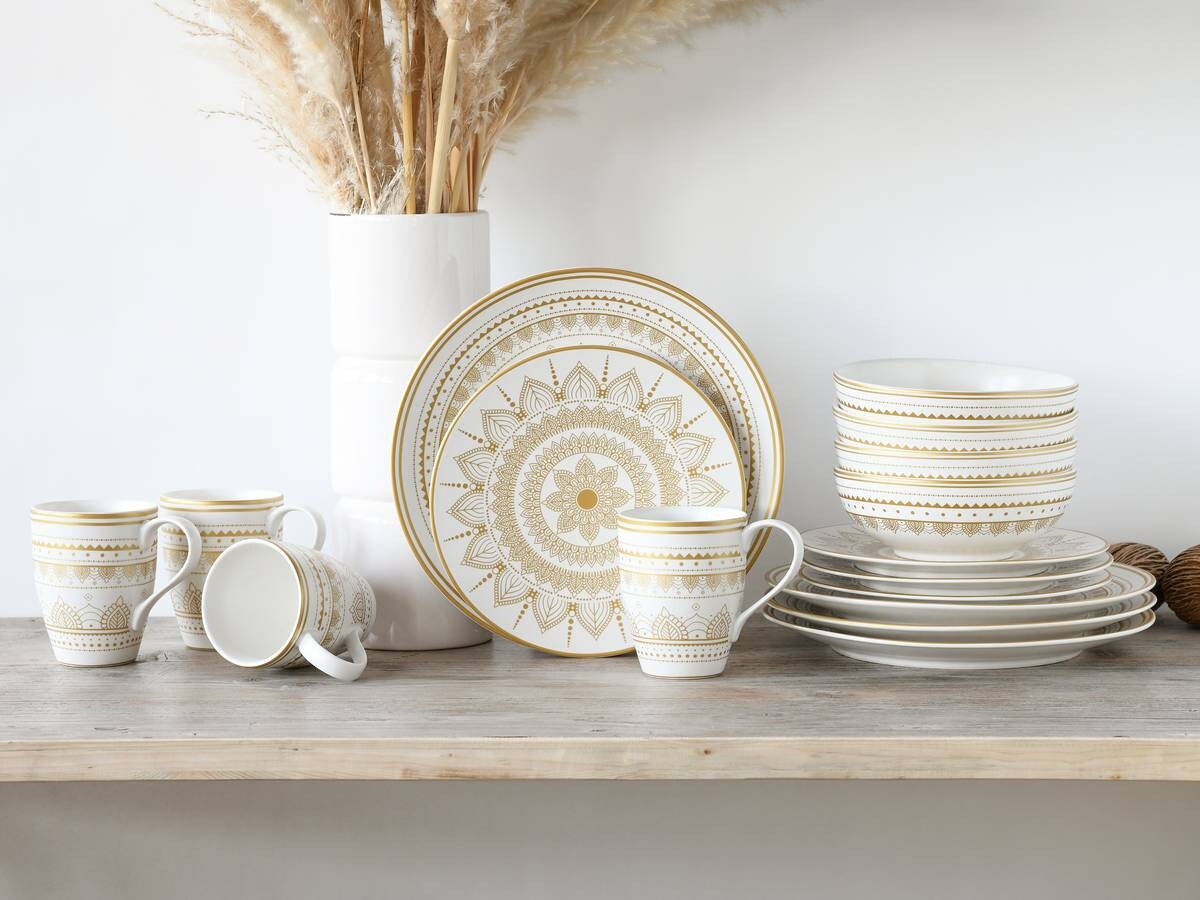 CreaTable Kombiservice MANDALA GOLD weiß Steinzeug 16 tlg.