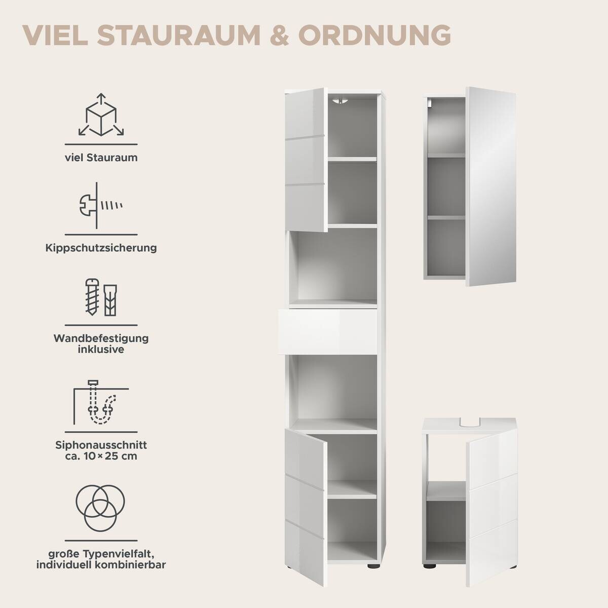 Badezimmer-Set VIRA weiß weiß Hochglanz B/H/T: ca. 91x190x34 cm