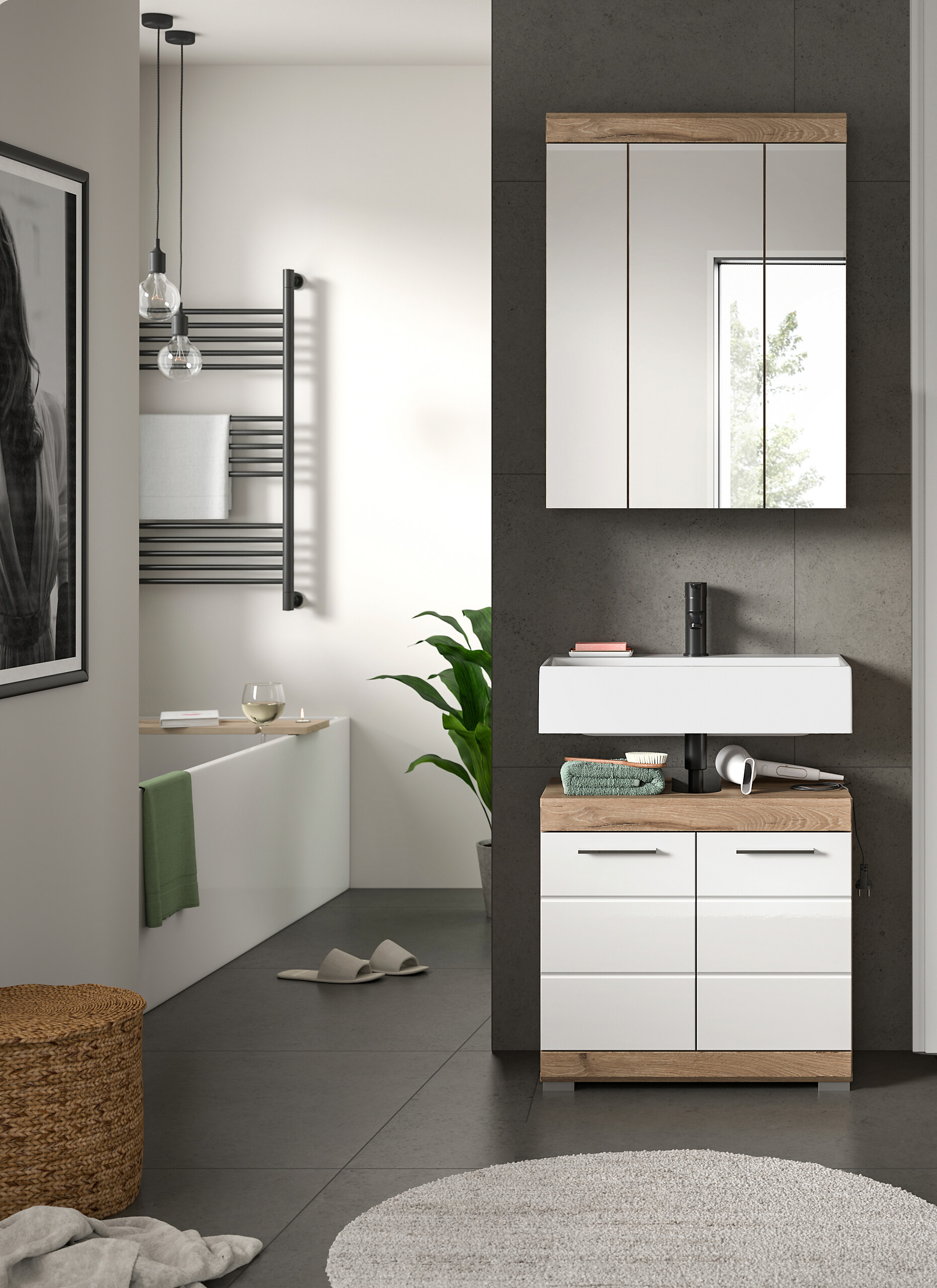 Badezimmer-Set Wave weiß Hochglanz Nox Oak Nachbildung B/H/T: ca. 60x191x34 cm