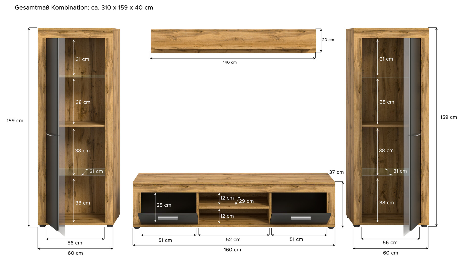 Wohnwand Jam Eiche Wotan Nachbildung grau B/H/T: ca. 310x159x35 cm