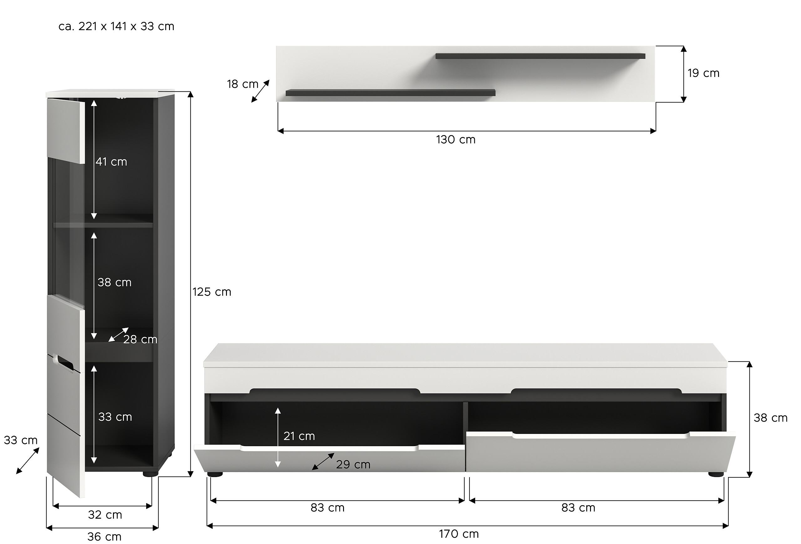 Wohnwand Canu basaltgrau weiß B/H/T: ca. 221x141x33 cm